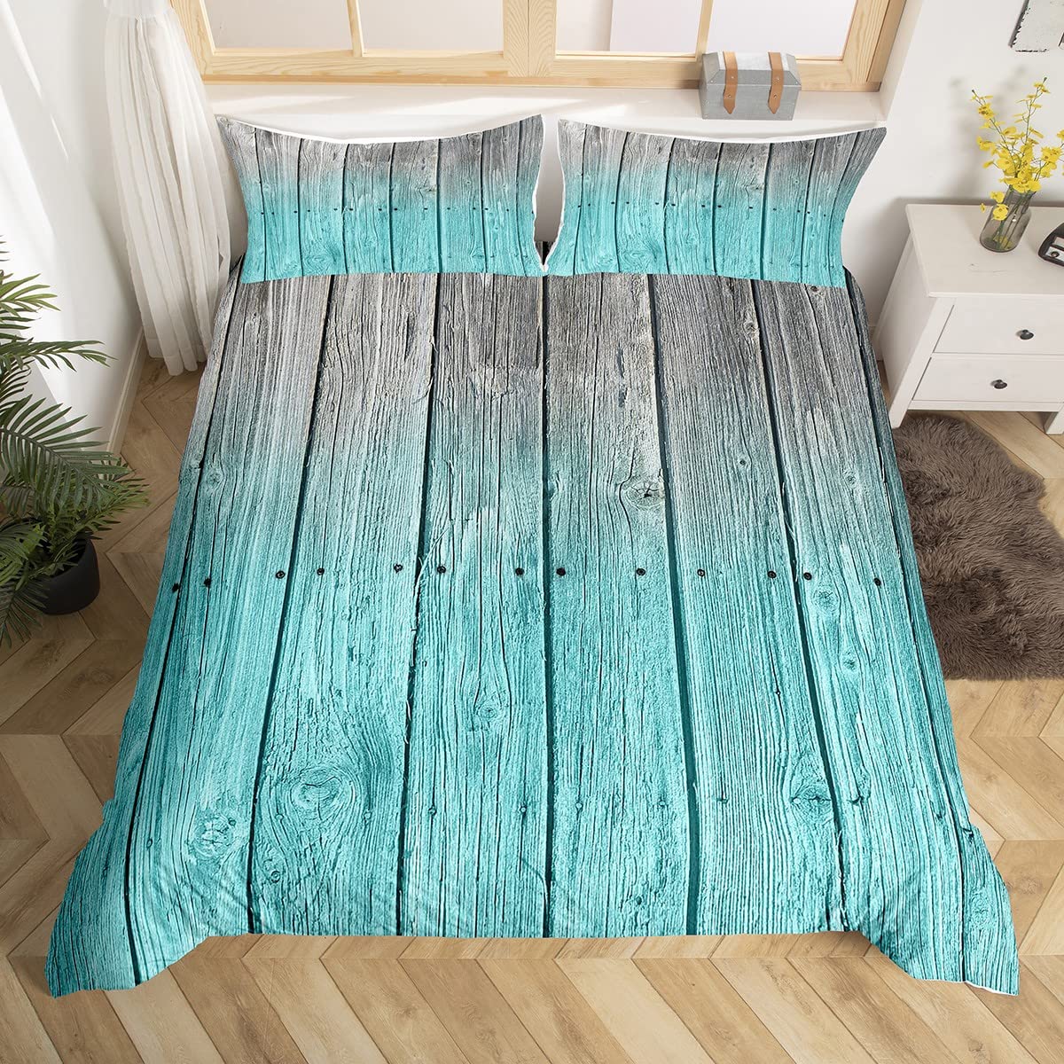 Homewish Rustic Farmhouse Duvet Cover Single Teal Grey Ombre Western Bedding Set Vintage Country Wooden Board Comter Kids Graffiti Tie Dye Quilt Countryside Room Decor 2 Pcs, Multi 30