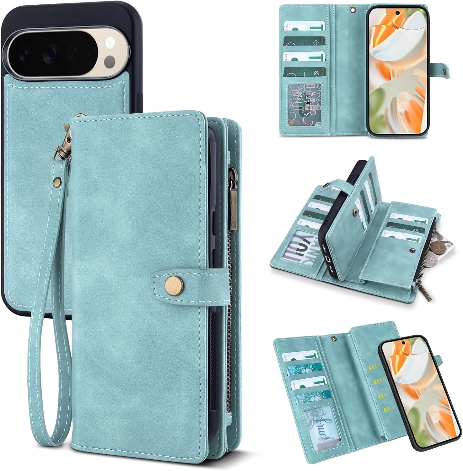 TwoHead for Google Pixel 10 Pro XL Wallet Case with Card Holder & Detachable Magnetic Pixel 10 Pro XL Case, PU Leather All-Round Protective Phone Cover,Blue,6.8 in Blue for Pixel 10 Pro XL