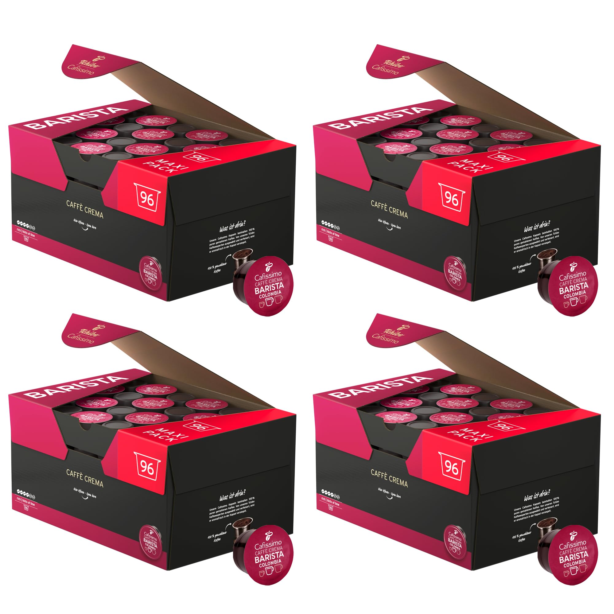 Tchibo Cafissimo Vorratsbox Caffè Crema Colombia Kaffeekapseln, 384 Stück – 4x 96 Kapseln (Kaffee, ausdrucksstark mit Hauch von Limette), nachhaltig & fair gehandelt