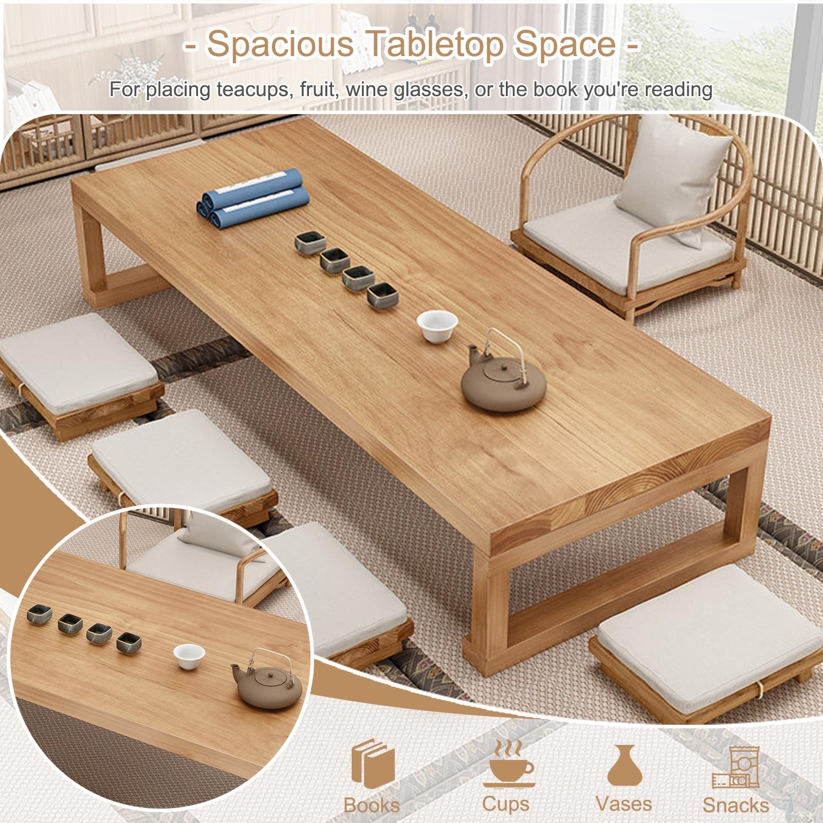 Tavolino Tatami Vintage in Legno Solido - Tavolino da pavimento giapponese, basso in legno massello per appartamento, soggiorno, sala da pranzo, tè, Tatami (120 * 60 * 35 cm/47,5 * 24 * 14 pollici)