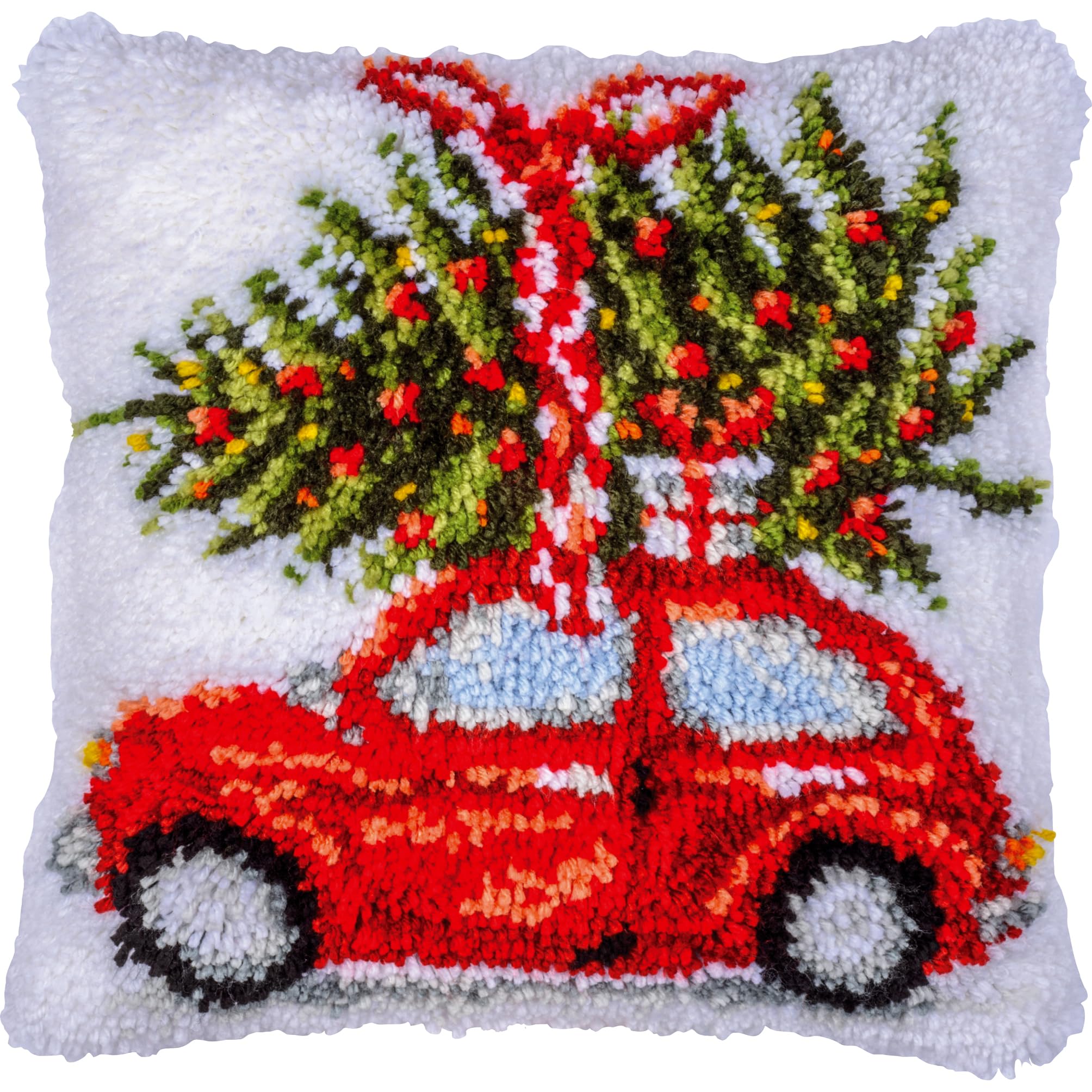 VERVACO Knüpfkissen Set Deko Kissenbezug Knüpfset für Anfänger Weihnachtsauto Basteln Erwachsene Kreativ DIY Handarbeit Set Kissen zum Selber Knüpfe 40 x 40 cm Latch Hook Kit Knüpfhaken Set Kissen