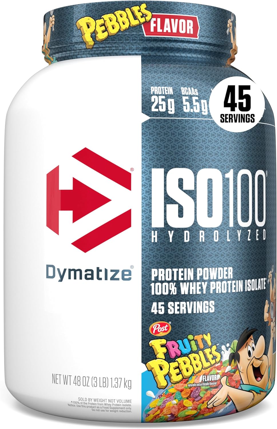 Dymatize x Fruity Pebbles ISO100 Whey Protein Powder Isolate, 25g of Protein, 5.5g BCAAs, 120 Cal., Gluten Free, 1g Fat, 1g Sugar, 2g Carb (45 Servings)