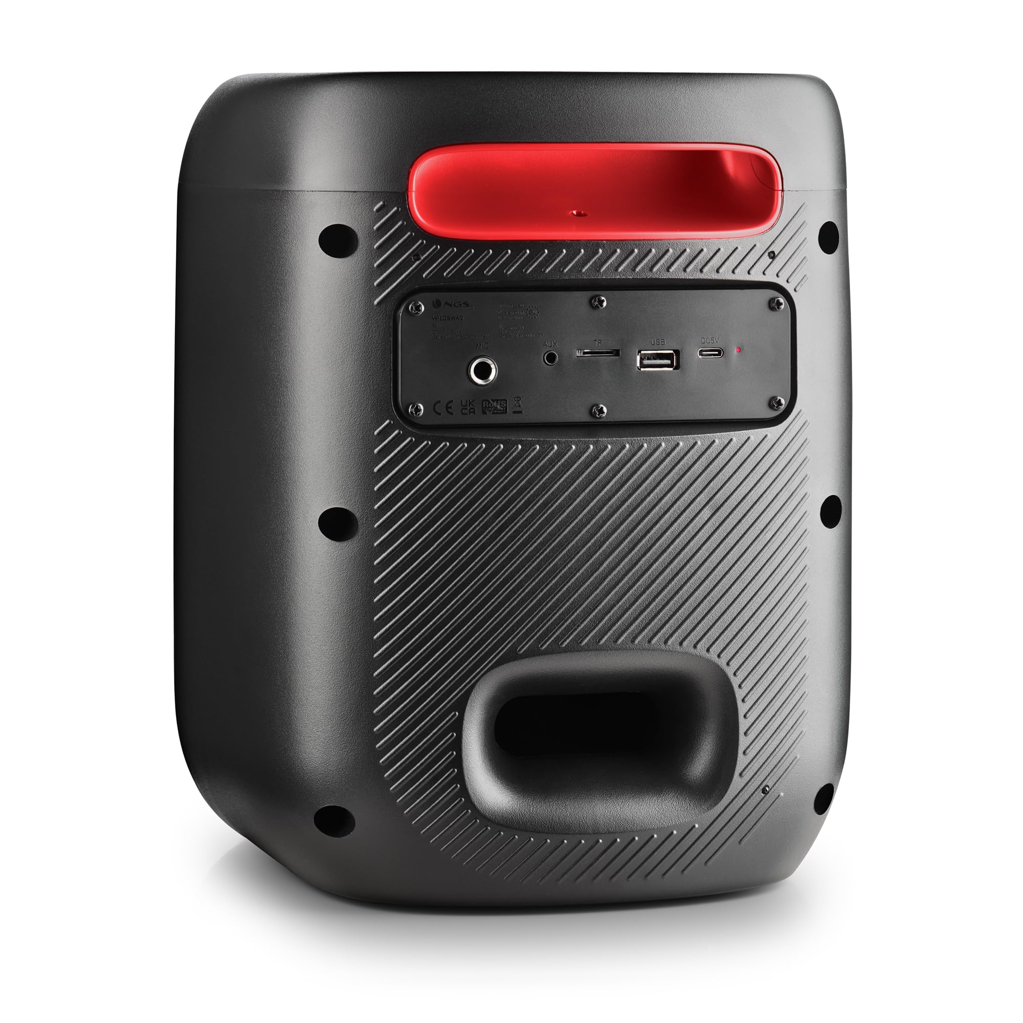 NGS Wild Swag Go-Altavoz portátil Compatible con tecnología Bluetooth 80W | Función TWS , entrada de micrófono y pantalla LED; batería de 10h. Entradas USB/TF/AUX IN y luces LED para fiestas.