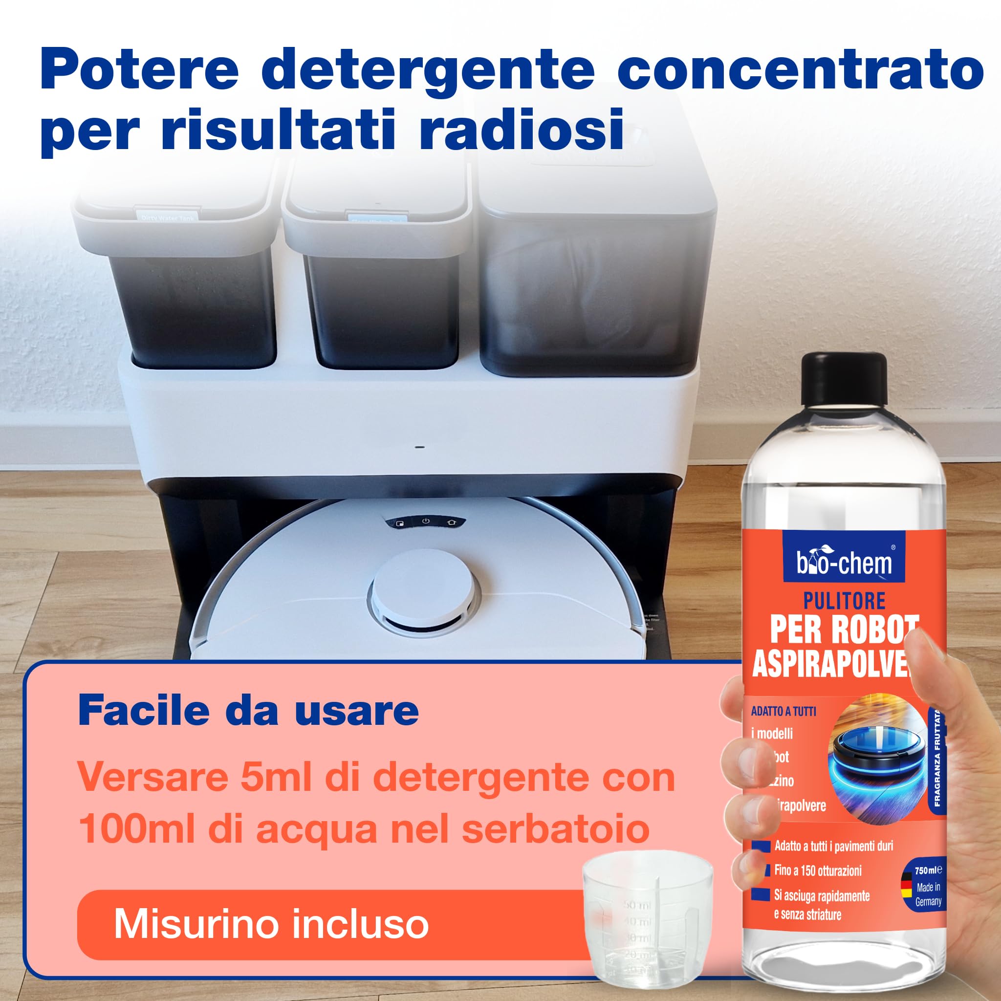bio-chem - Detergente per pavimenti per Robot Hoover 0,75L + Bicchiere di misurazione - Detergente economico ed ecologico per Robot Hoover e Robot Cleaner Tutte le marche