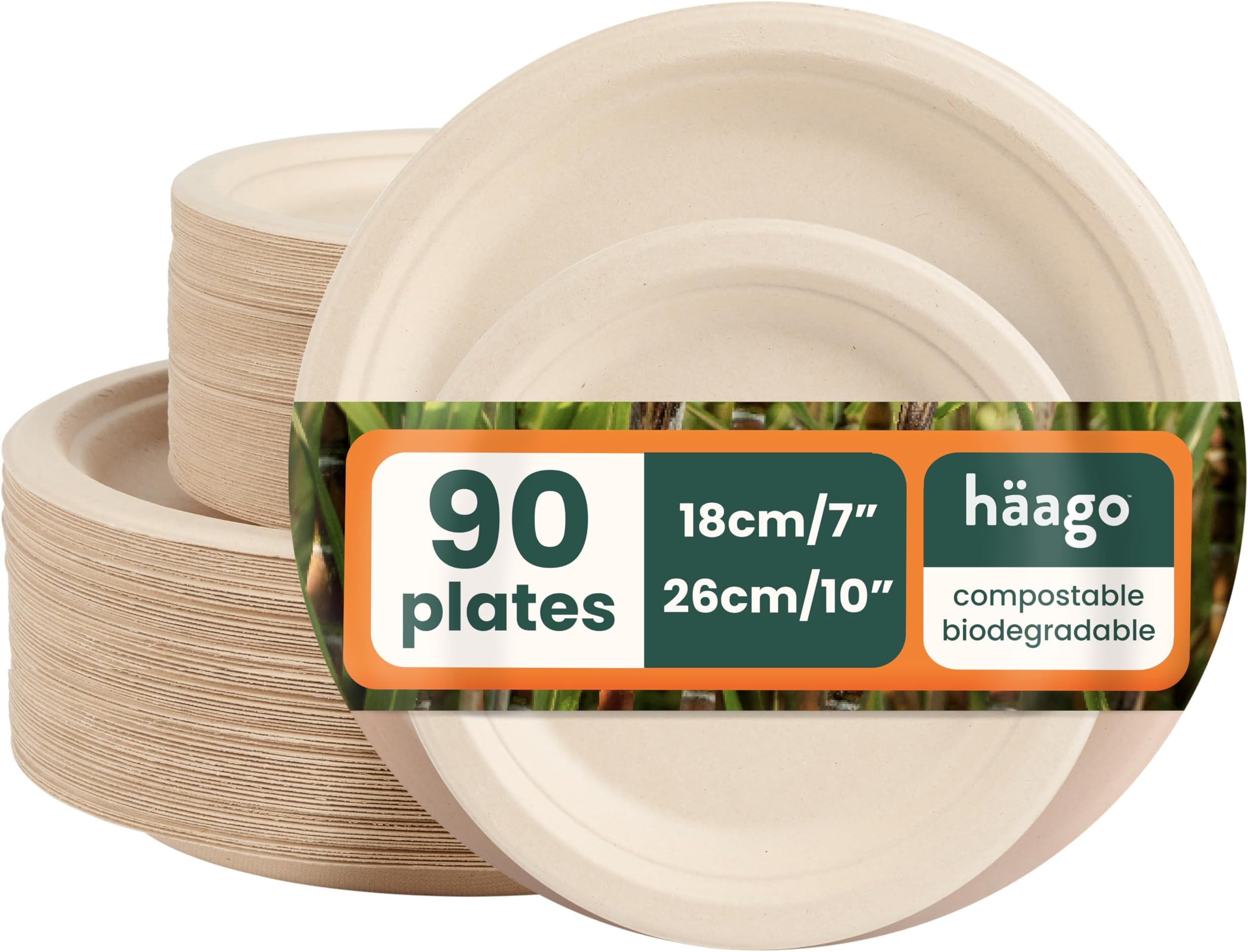HAAGO 90 Strong Compostable Sugarcane Plates, 45 x 25 cm Dinner & 45 x 18 cm Side Plate – Heavy Duty, Greaseproof & Leakproof, Biodegradable, Disposable Eco Plates for Parties, BBQ, Picnic