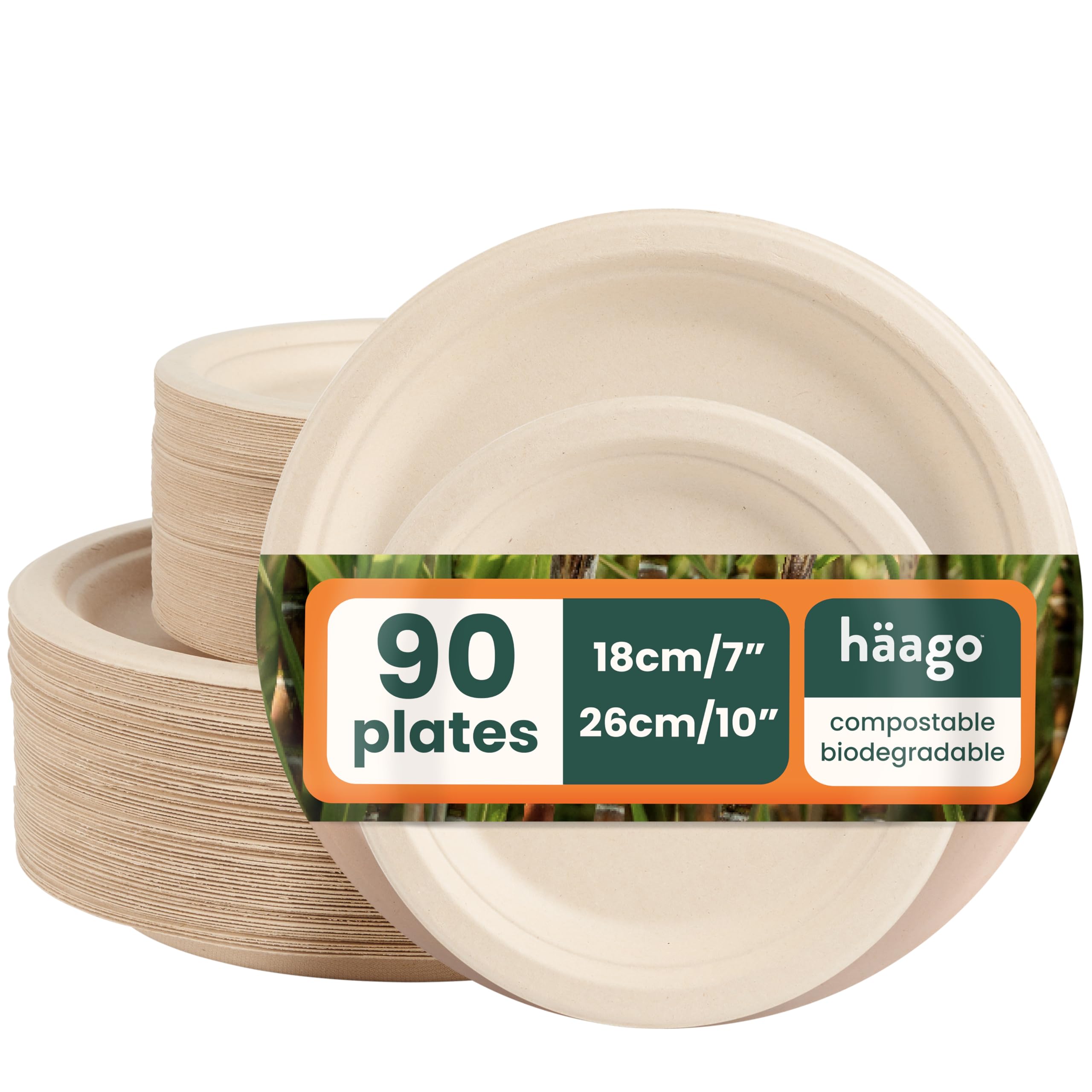 HAAGO 90 Strong Compostable Sugarcane Plates, 45 x 25 cm Dinner & 45 x 18 cm Side Plate – Heavy Duty, Greaseproof & Leakproof, Biodegradable, Disposable Eco Plates for Parties, BBQ, Picnic