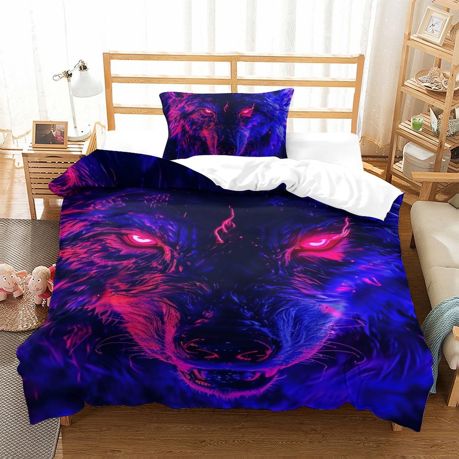 Housse de couette loup 3D sans repassage parure lit microfibre douce 135x200