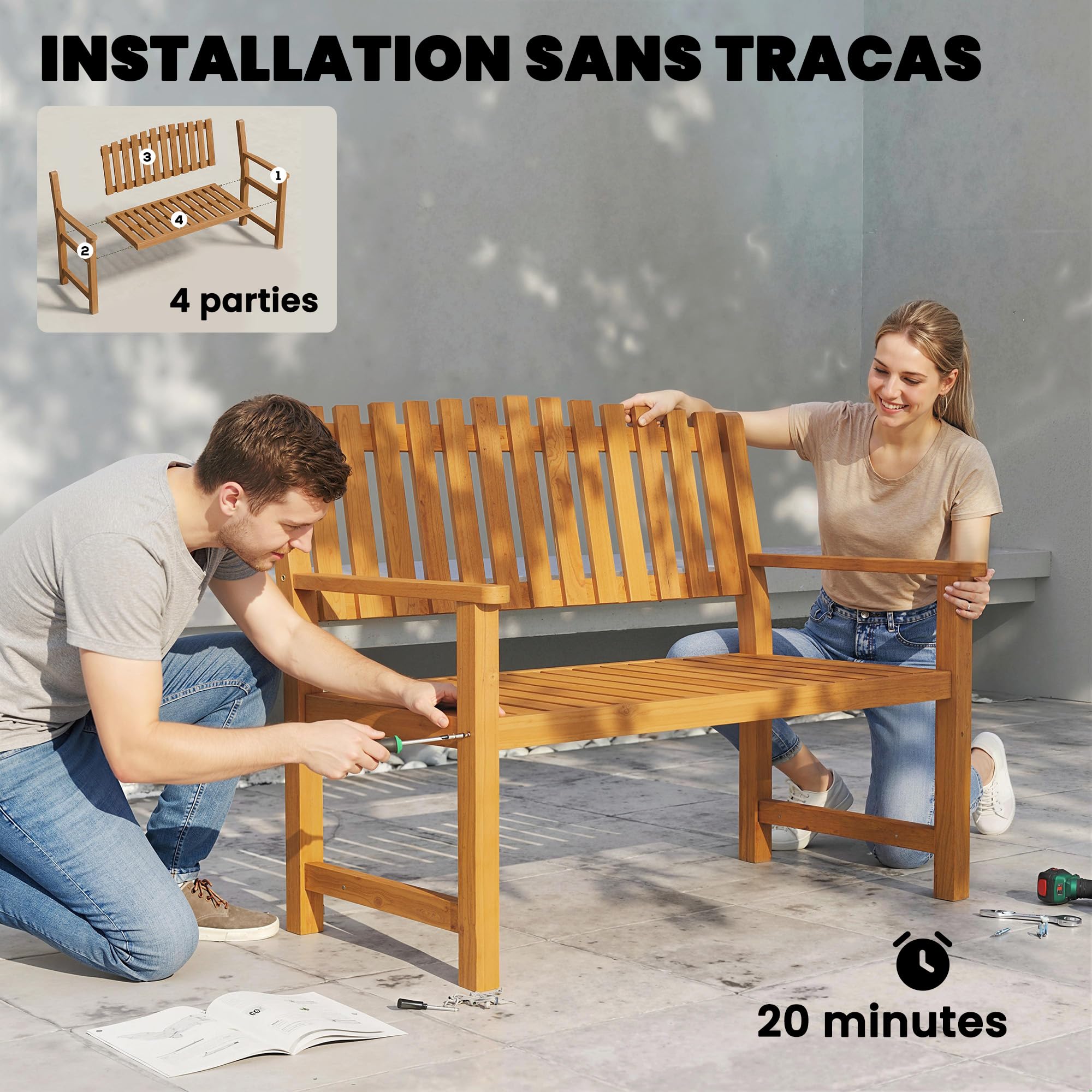 Outsunny Banc de Jardin 2 Places en Bois d'Acacia - Banquette de Terrasse Charge Max. 320kg - Mobilier pour Aménagement Robuste avec Accoudoirs, Design à Lattes Ergonomique, Finition Huilée Naturelle