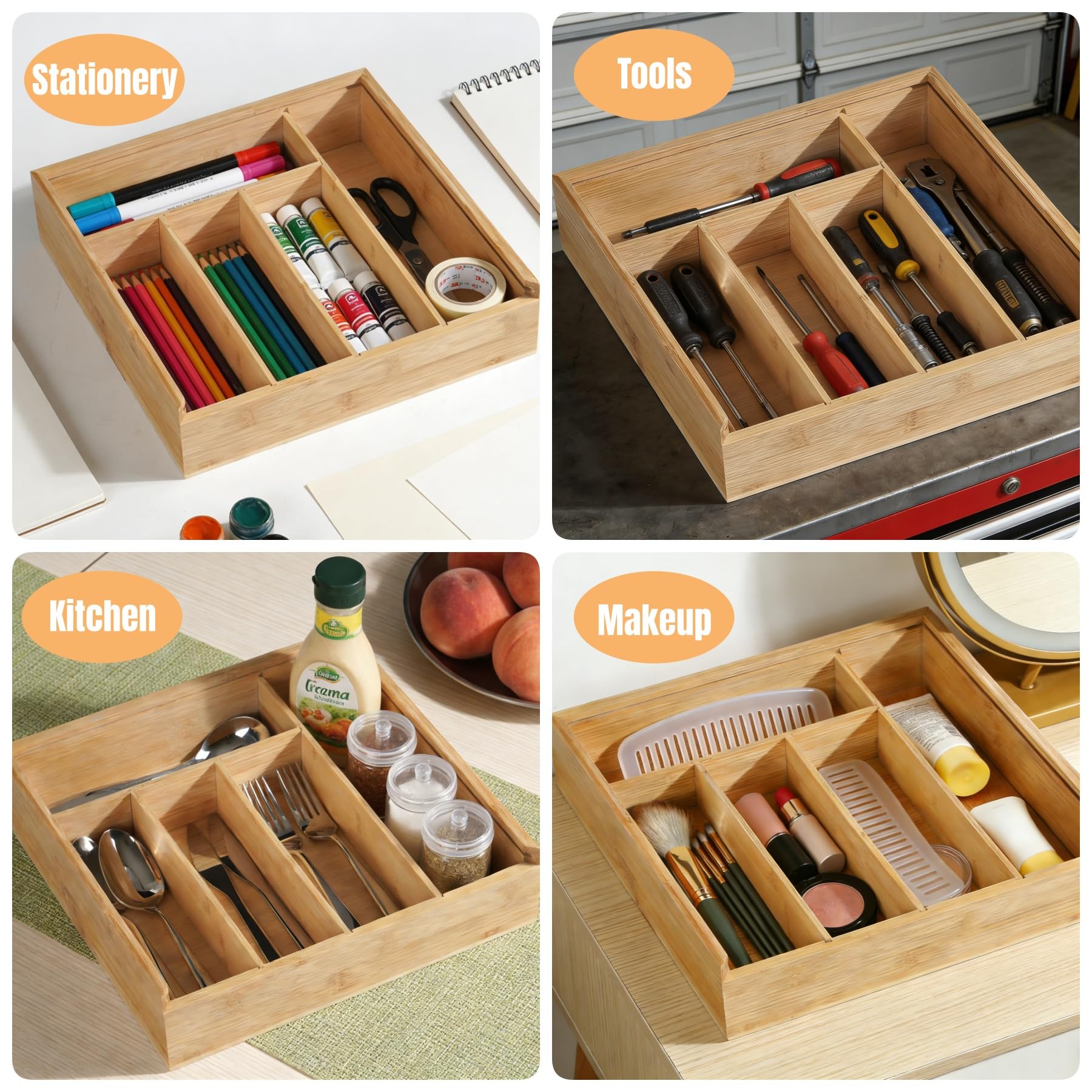 Drewniany zestaw na sztućce z pokrywą, 5 przegród na sztućce, 30x30x8cm organizer na sztućce do stołu i szuflady, drewniany uchwyt na sztućce z dekoracyjnym wzorem