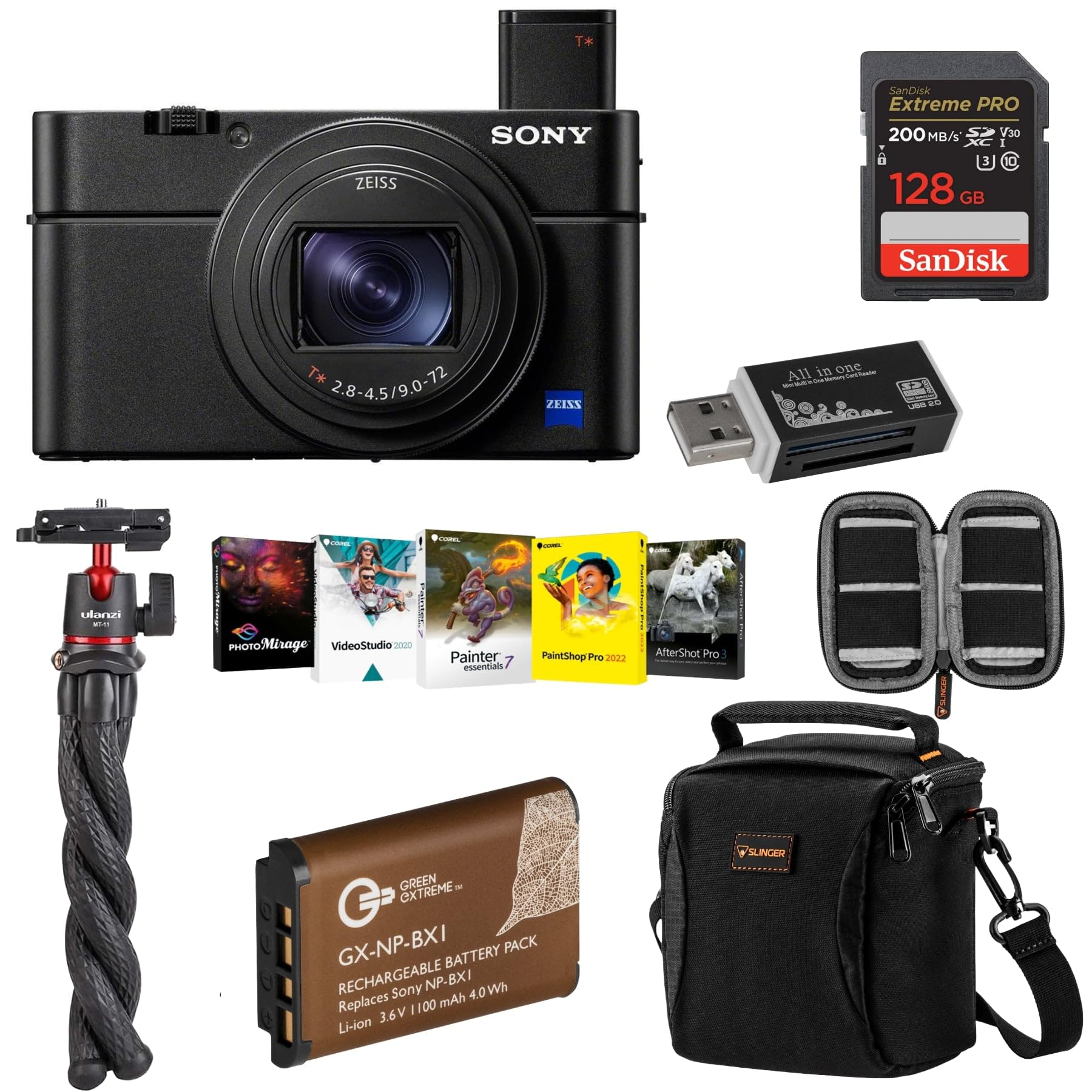 Sony Cyber-Shot DSC-RX100 VII Digital Camera - Bundle with 128GB SD Card, Tripod, Camera Case, Spare Battery, Memory Wallet, Cleaning Kit, Card Reader