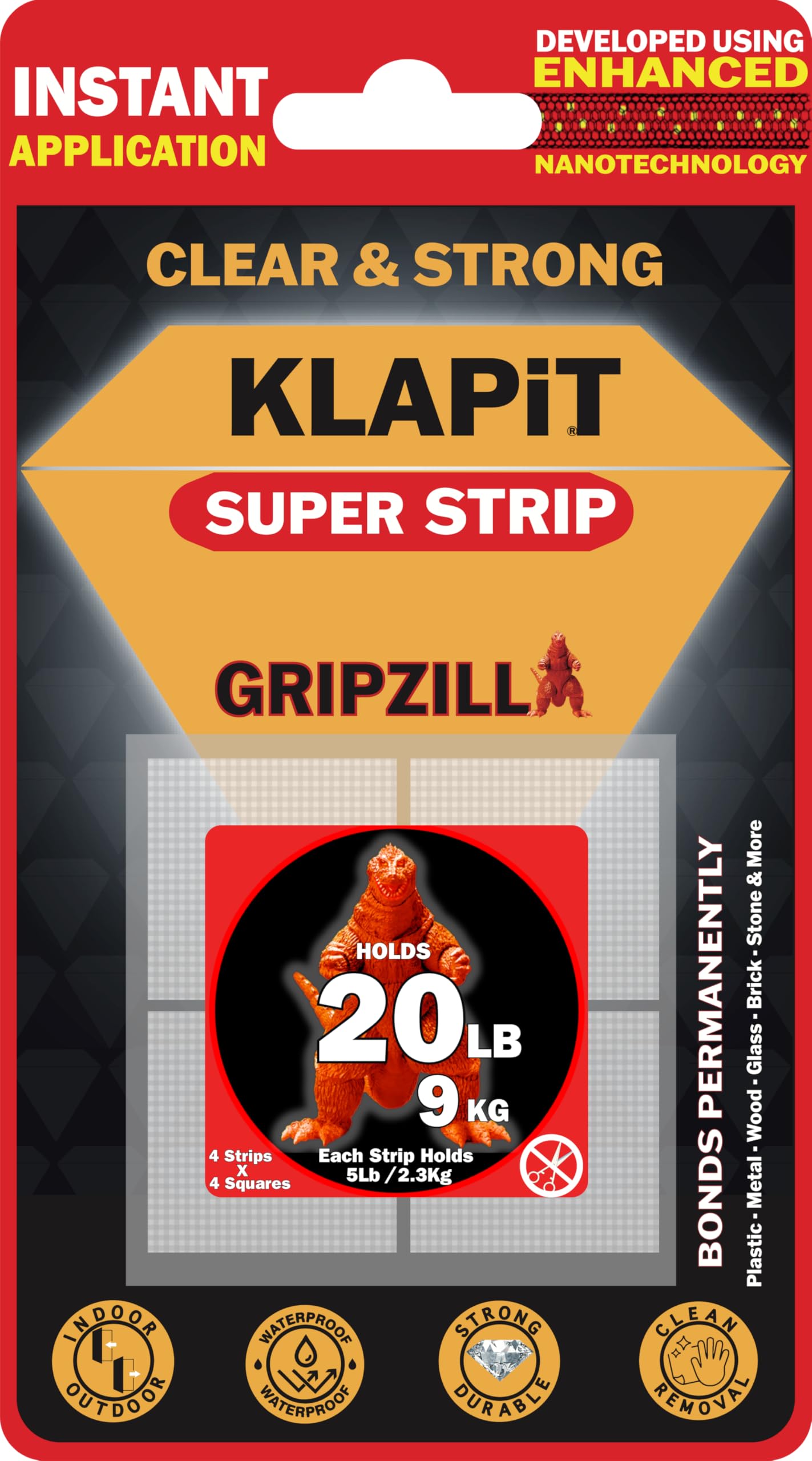 SUPER STRIP GRIPZILLA - Heavy Duty Double Sided Nano Mounting Tape for Hanging Pictures and Glue-Free Fix for Furniture, Kitchen Accessories, Carpet, and Foam, with Four Precut Squares (16pc)