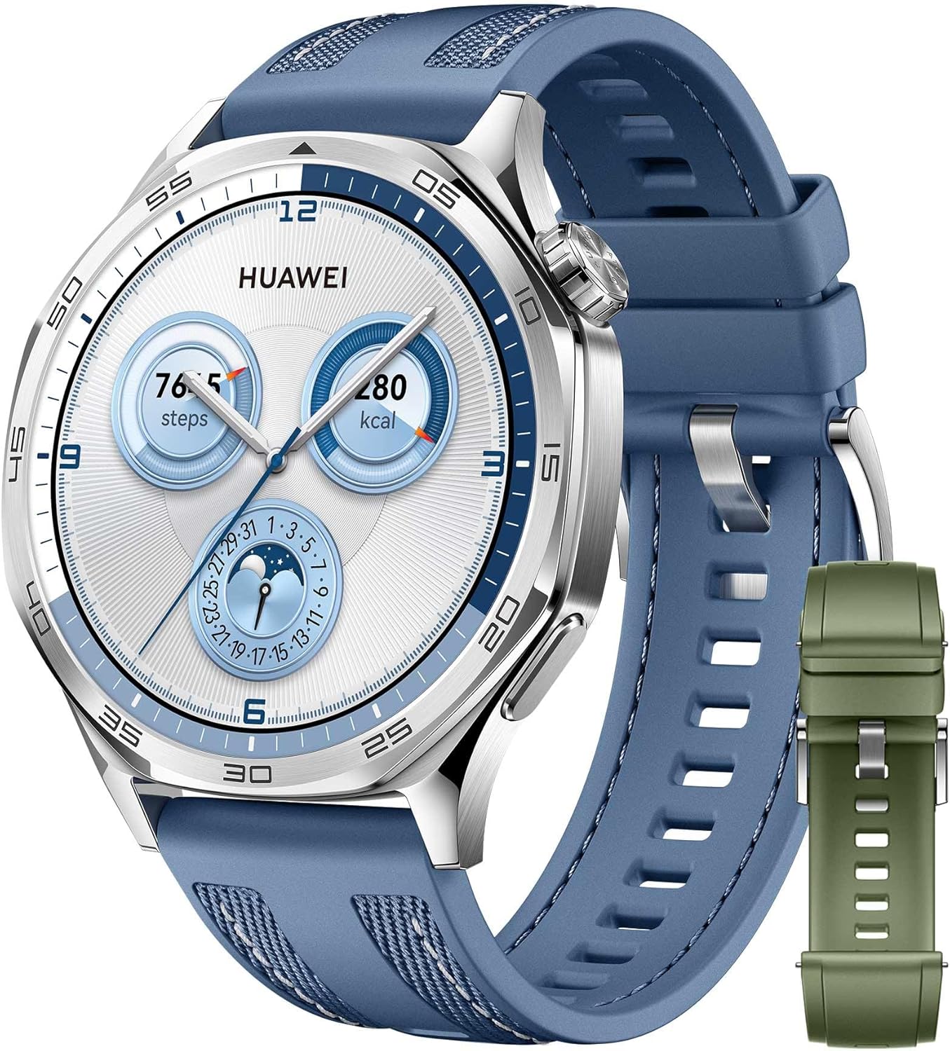 HUAWEI Watch GT 5 46 mm Blue + Extra EasyFit 3 Spruce Green Fluoroelastomer Strap, Smartwatch, Artistic Design, Sports Functions at Professional Level, Health Tracking, ECG Monitoring, Up to 14 Days