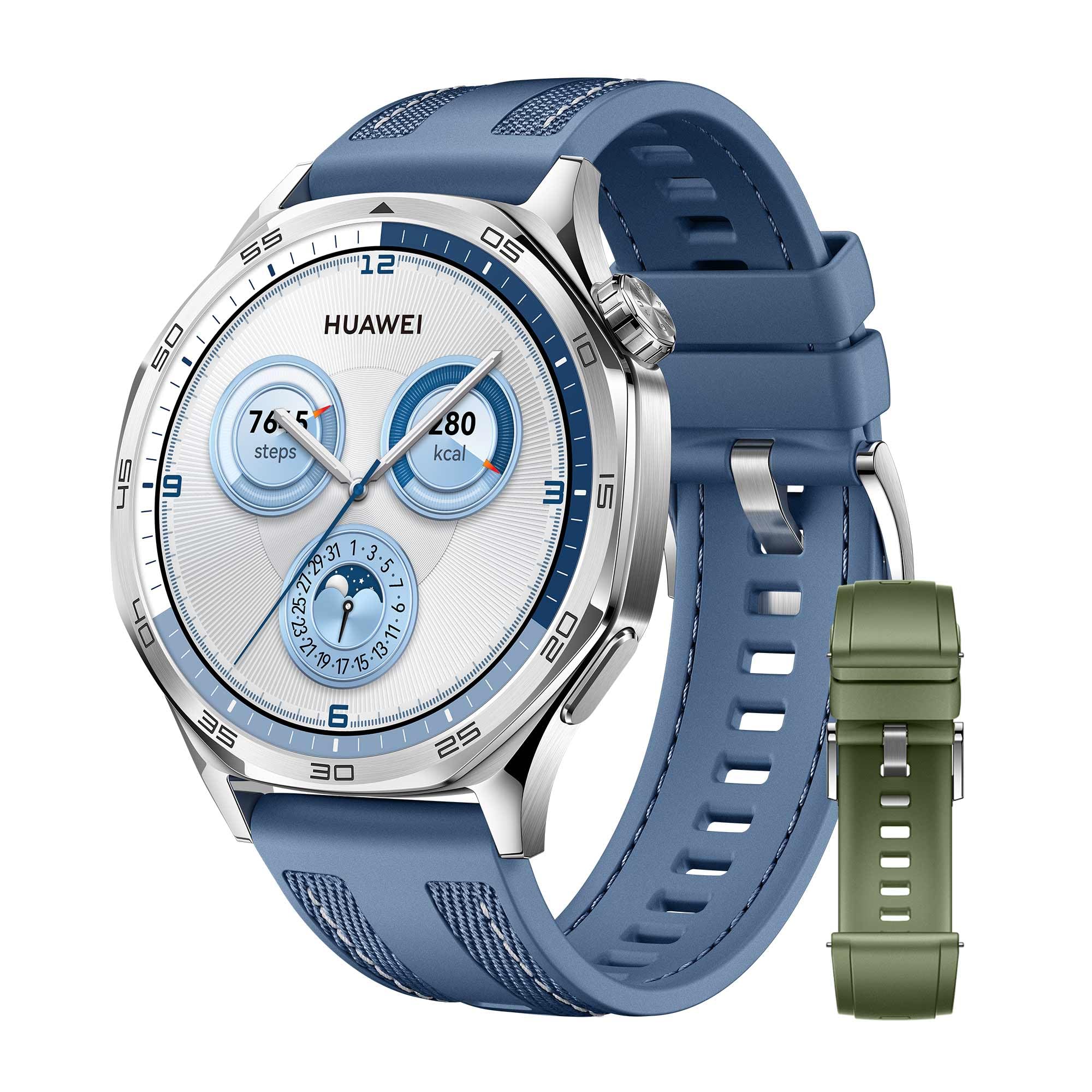 HUAWEI Watch GT 5 46 mm Blue + Extra EasyFit 3 Spruce Green Fluoroelastomer Strap, Smartwatch, Artistic Design, Sports Functions at Professional Level, Health Tracking, ECG Monitoring, Up to 14 Days