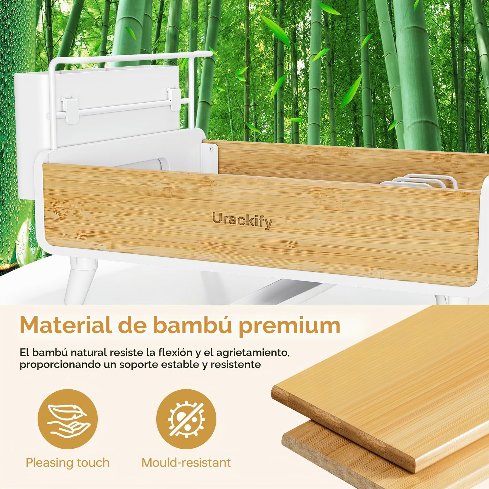 Urackify Escurridor de Platos, Bambú | Acero Inoxidable y Bambú, Soporte Utensilios Extraíble, para Encimera de Cocina