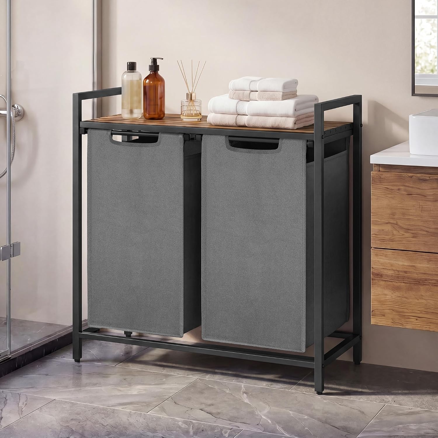 Wäschekorb 2-Fächer, 2x46L, 73x30x74cm, Grau, mit Metallrahmen & Holzablage, herausnehmbare Oxford-Säcke, moderner Wäschesammler für Bad und Schlafzimmer