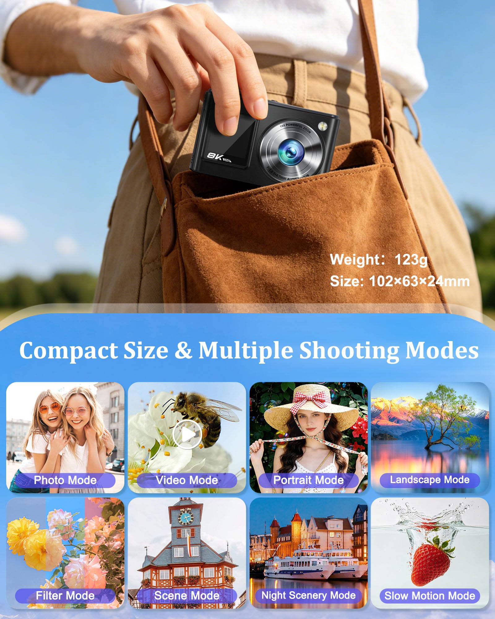 Fotocamera digitale WiFi 8K 96MP 2026 per vlogging YouTube con doppio schermo, autofocus anti-vibrazione, zoom 16X, fotocamera compatta da viaggio con scheda 32 GB e 2 batterie da 1050 mAh