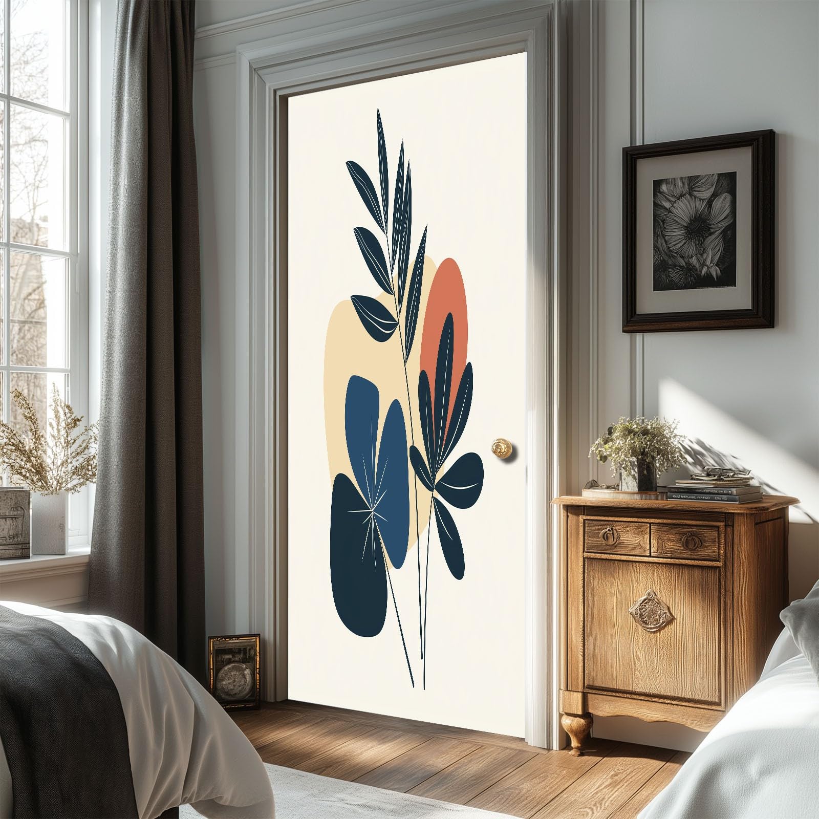 Tapeta na drzwi, samoprzylepna, abstrakcyjne liście roślin, plakat na drzwi, beżowa, fototapeta, folia na drzwi, do salonu, kuchni, sypialni, 95 x 215 cm (szer. x wys.), dekoracja 3D, naklejka na
