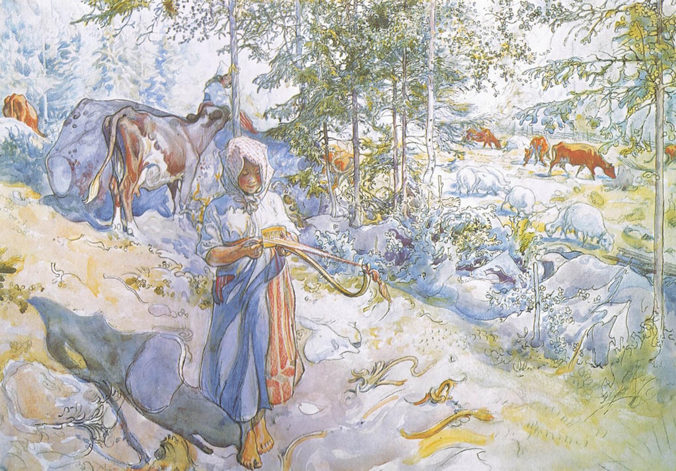 Artxlxxbn No Frame Famous Painting Art Wall Decor Abstract Art Picture Last Of All Came Little Kertsi With A Willow Twig To Drive The Cows By Carl Larsson Animal Pictures For Home Decor 60X90cm
