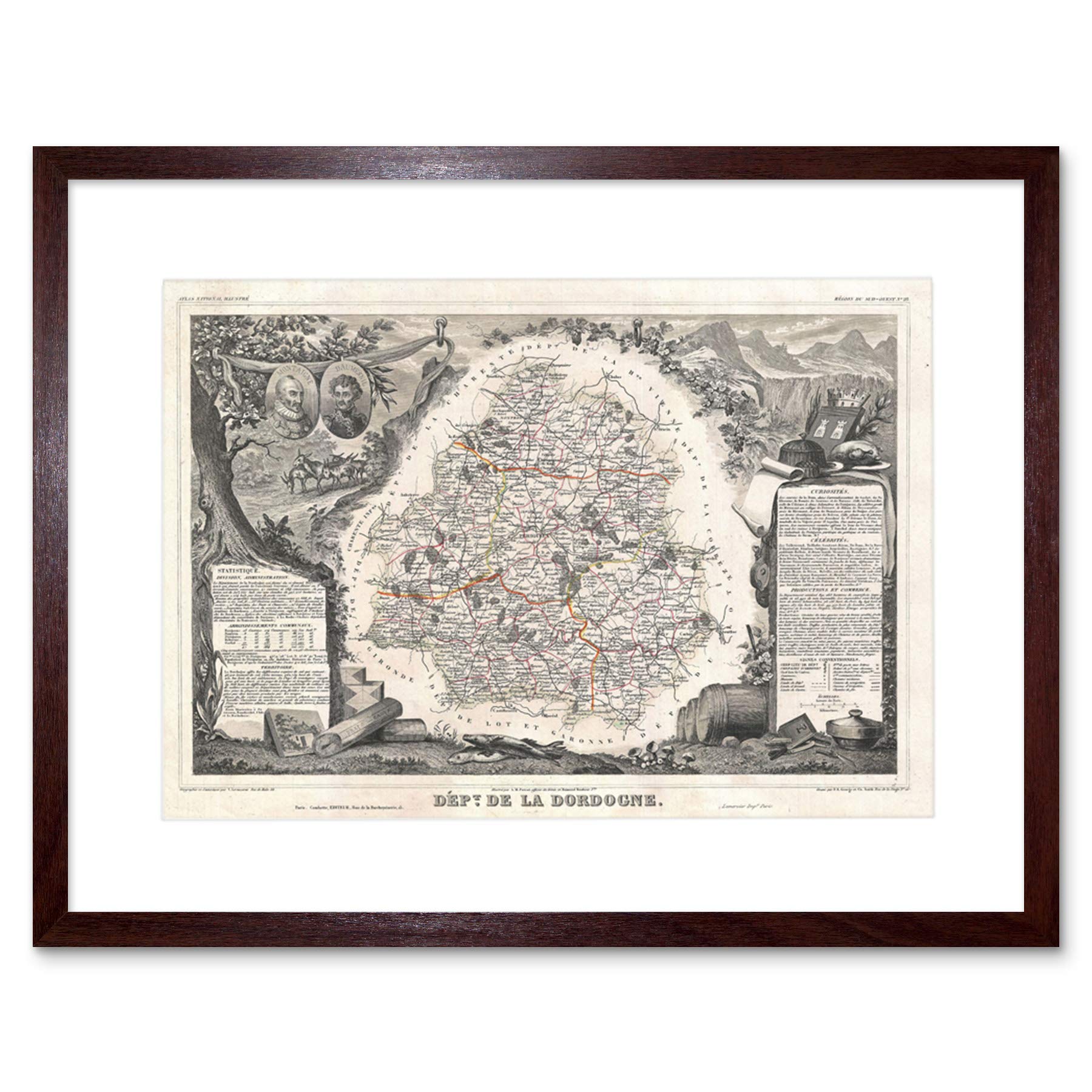 Wee Blue Coo Map Antique Levasseur Dordogne Department France Framed Wall Art Print