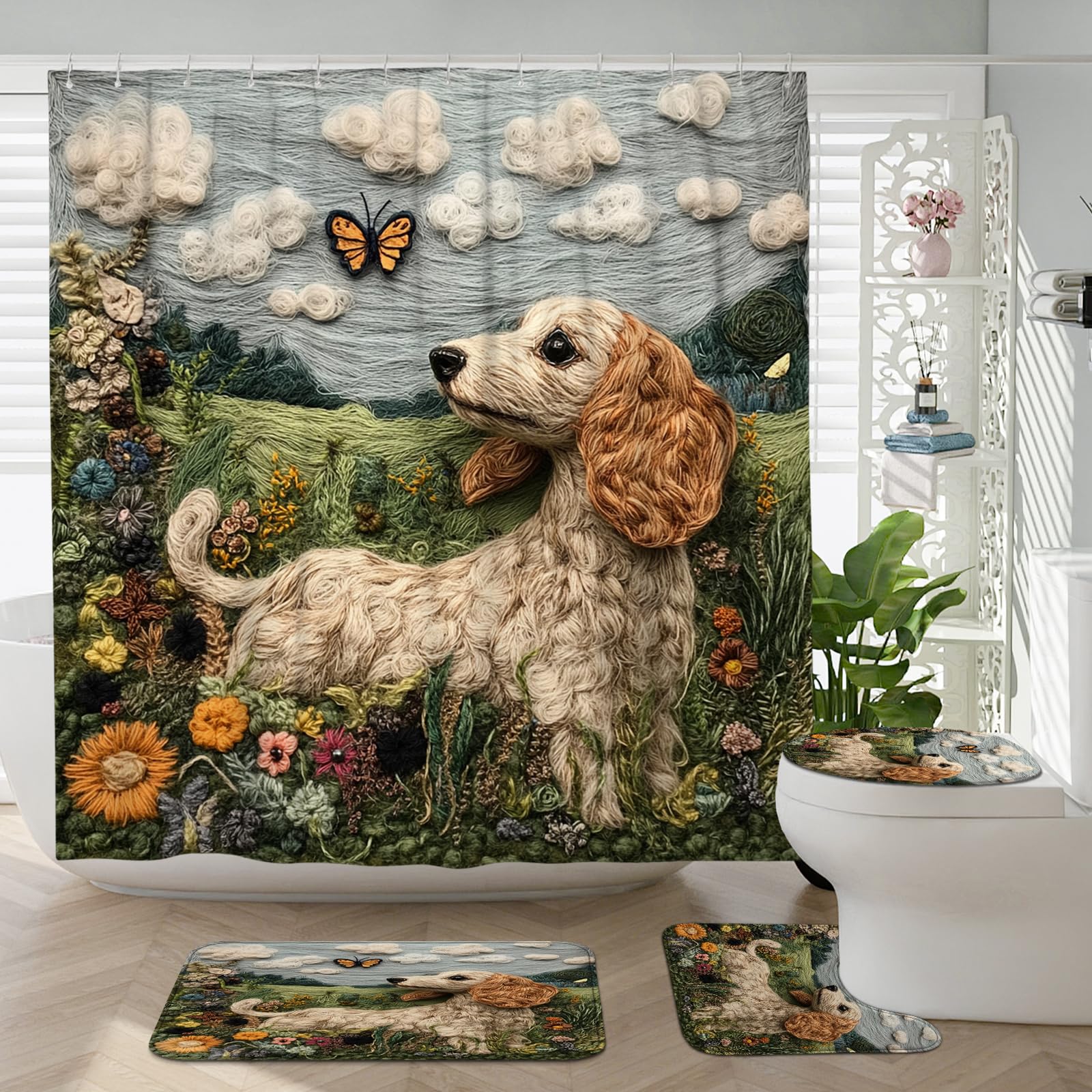 4PCS Spring Dachshund Dog Bathroom Accessory Sets with Non-Slip Rug, U Shape and Toilet Lid Cover Mat, Unique Flowers Floral Bathroom Fabric Decor-72''x72''