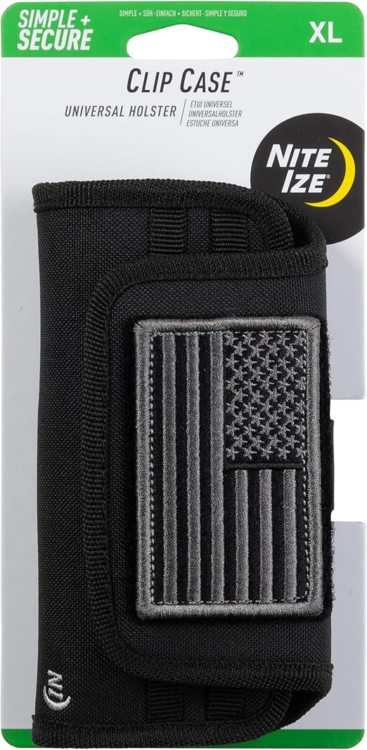 Nite Ize Clip Case Universal Horizontal Phone Holster - Protective Clip-On Phone Holster - Pouch for Belt or Waistband - XL, USA Patch