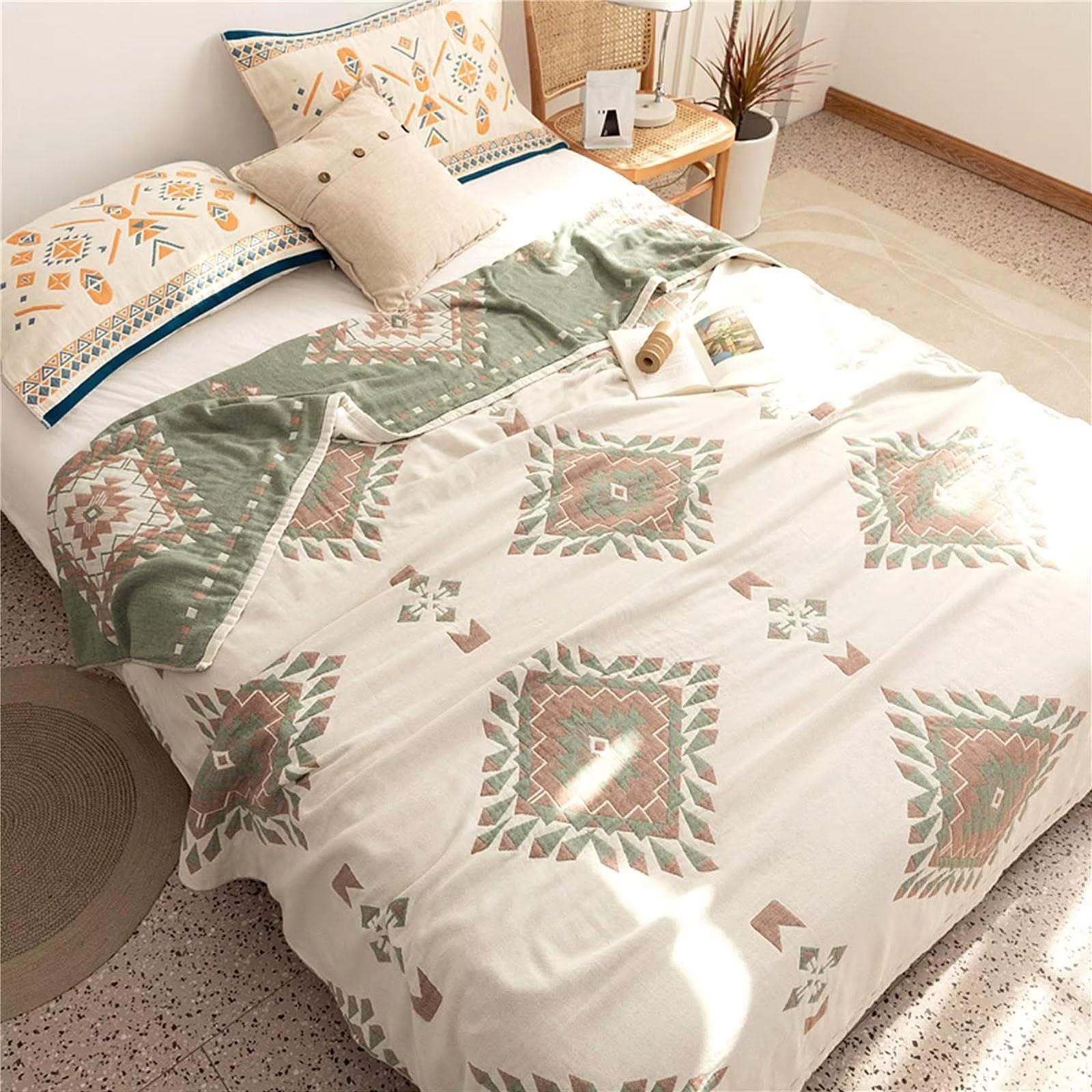 Boho Tagesdecke Doppelseitig Decken 100% Baumwolle Gewebte Decke 200x230cm, Musselin Überwurf Beige Kuschelig Weiche Bettüberwurf TV-Couchdecke Sesseldecke Wendedecke Baumwolldecke Kuscheldecke
