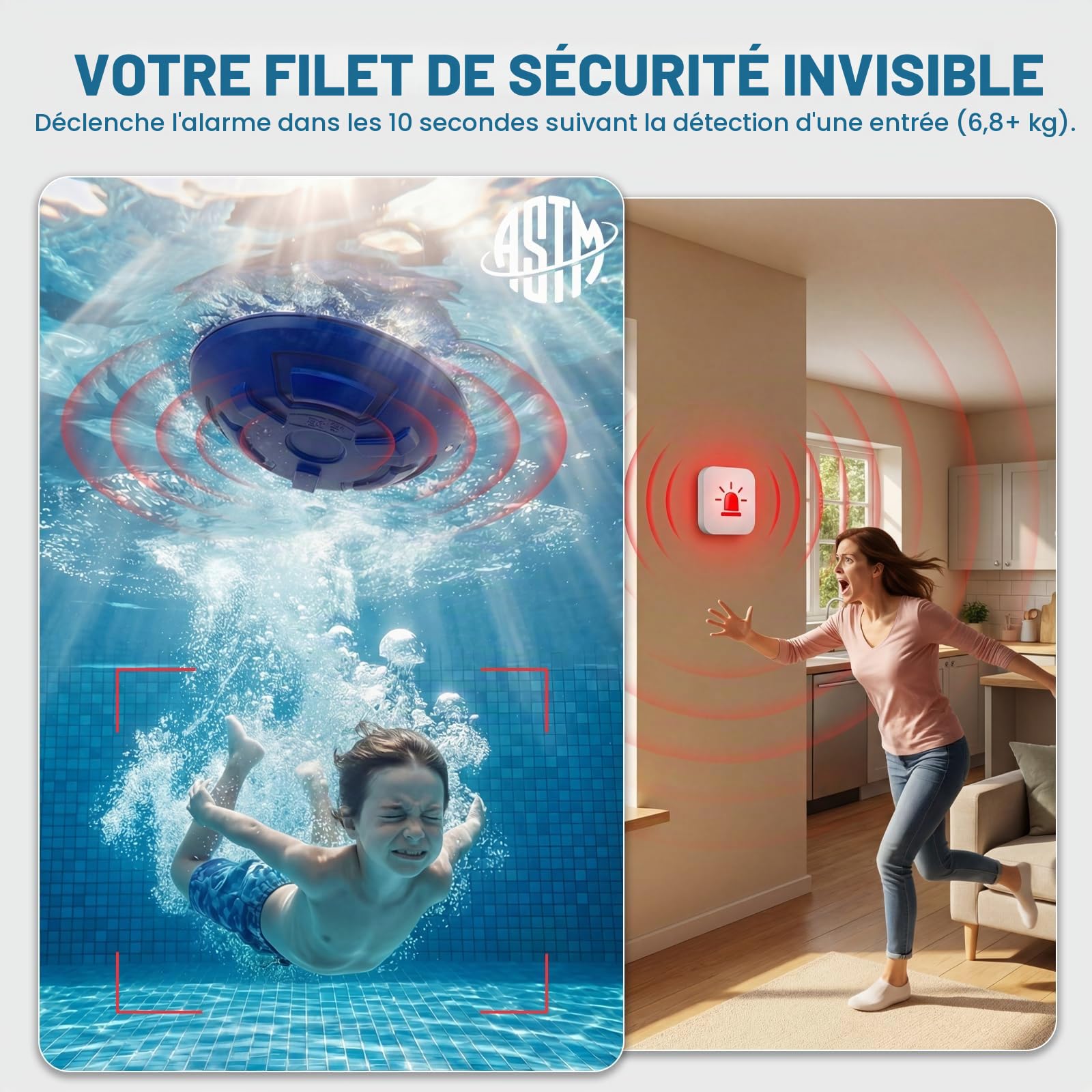Alarme de piscine, alarme de sécurité flottante pour piscines creusées et hors sol, sirène de 110 dB étanche IP68, détection d'onde intelligente empêchant les fausses alertes, portée sans fil de 80 m
