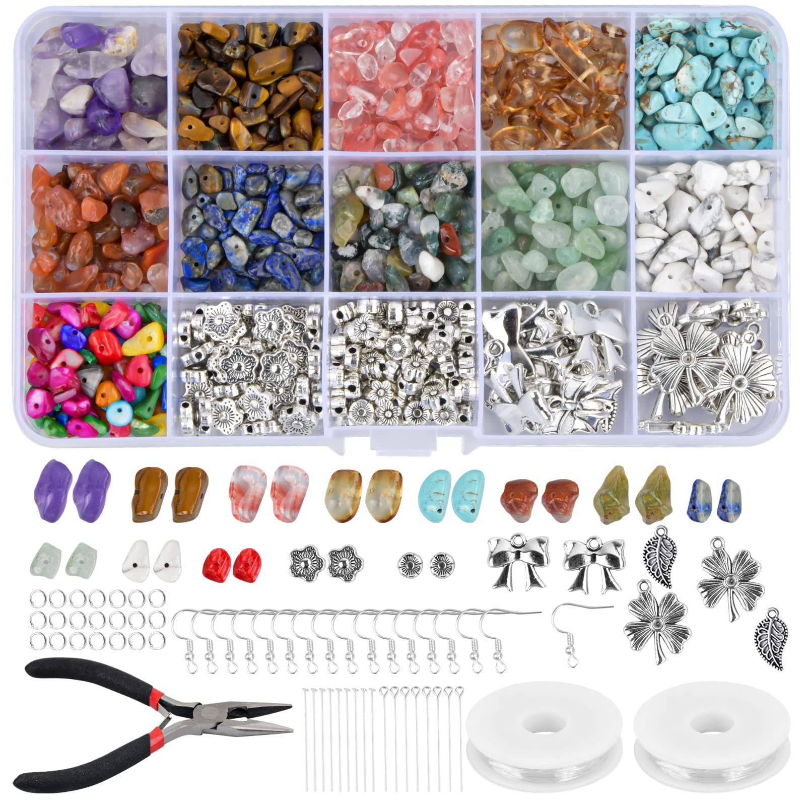 Bezavea Silver 933 Pcs Natural Chips Stone Beads, Crushed Irregular Gemstones Beads, Crystal Beads Loose Stone Beads 11 Colors, Jewellery Making Gemstone Beads Kit For Bracelet Earrings Jewelry