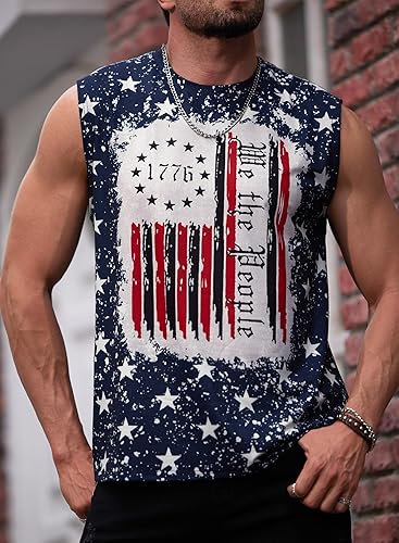 Vista 5 de Mainfini Camiseta sin mangas con la bandera estadounidense para hombre, camiseta sin mangas con gráficos musculares para gimnasio (S-3XL)