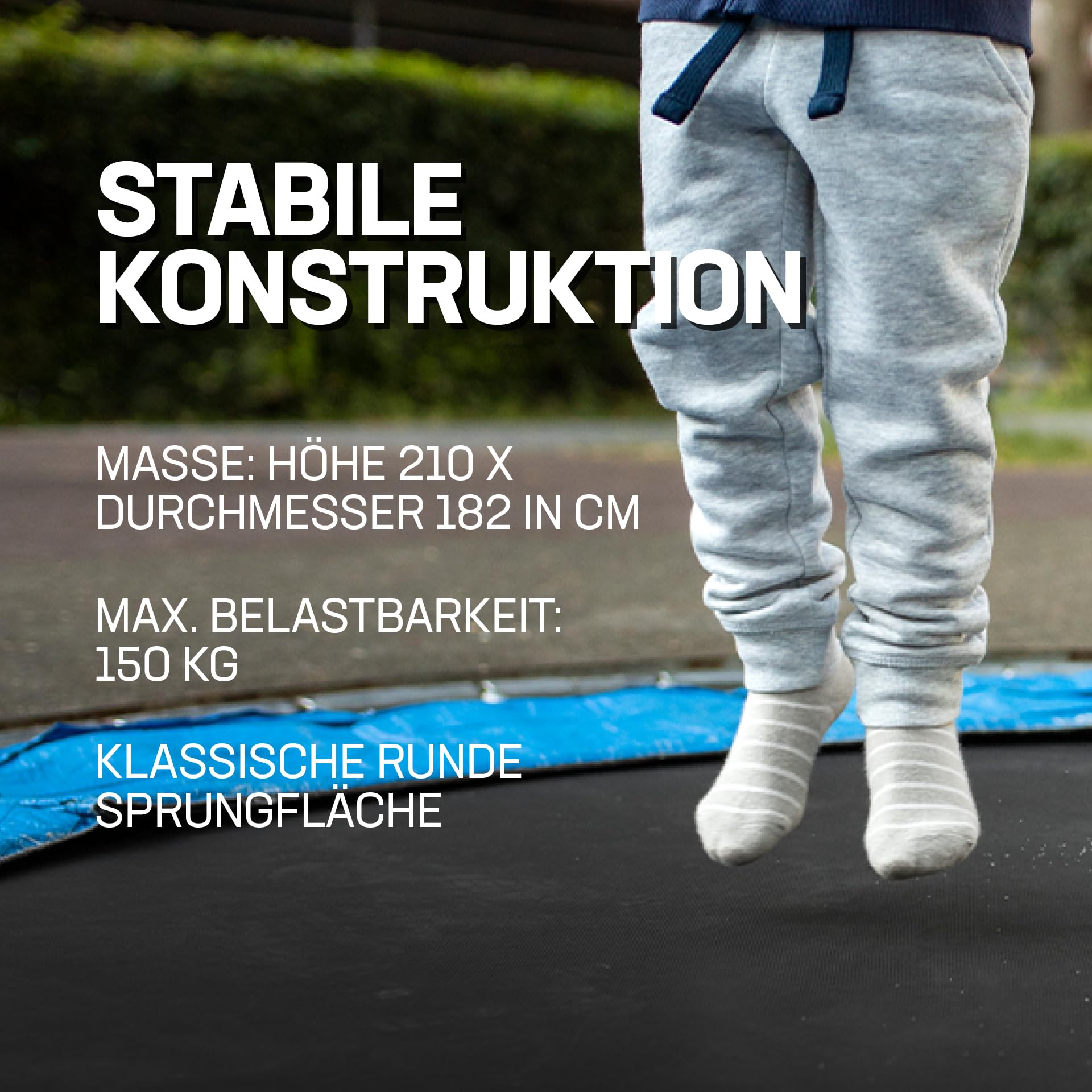 MUWO Jump Outdoor Trampolin mit Sicherheitsnetz, 182 cm, Robustes Stahlgestell, runde Sprungfläche, max. Belastbarkeit 150 kg, gepolsterte Sicherheitsstangen, inkl. Montageanleitung