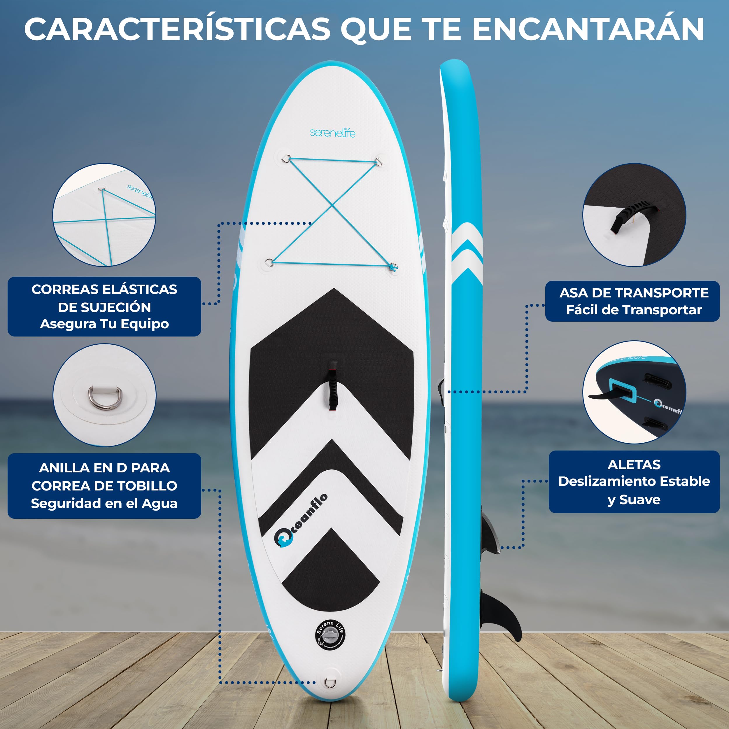 SereneLife Tabla Paddle Surf Inflable para Niños 2.36m, Sup con Bomba, Remo Ajustable, Mochila, Diseño Estable de 76cm y Almohadilla EVA Antideslizante, Apto para 5+ años, Capacidad 90.72kg