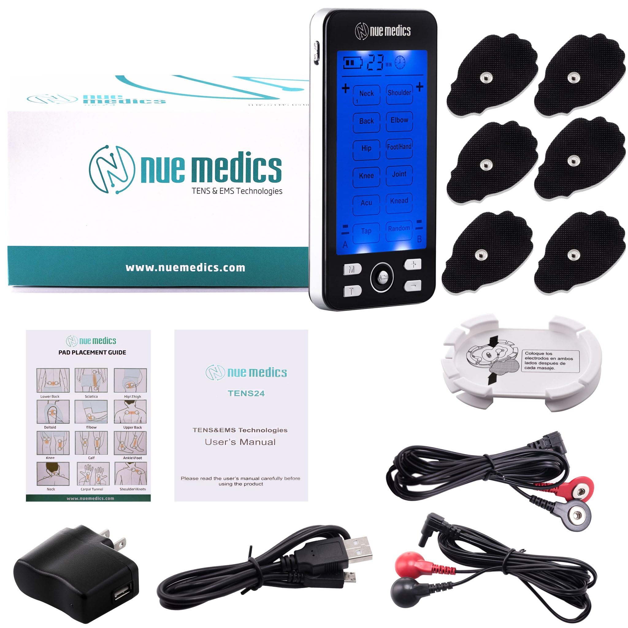 NueMedics Tens Unit Machine Pulse Massager for Pain Relief, 24 Massage Modes, Rechargeable Muscle Stimulator Device with 10 Pads — Amazon image 4