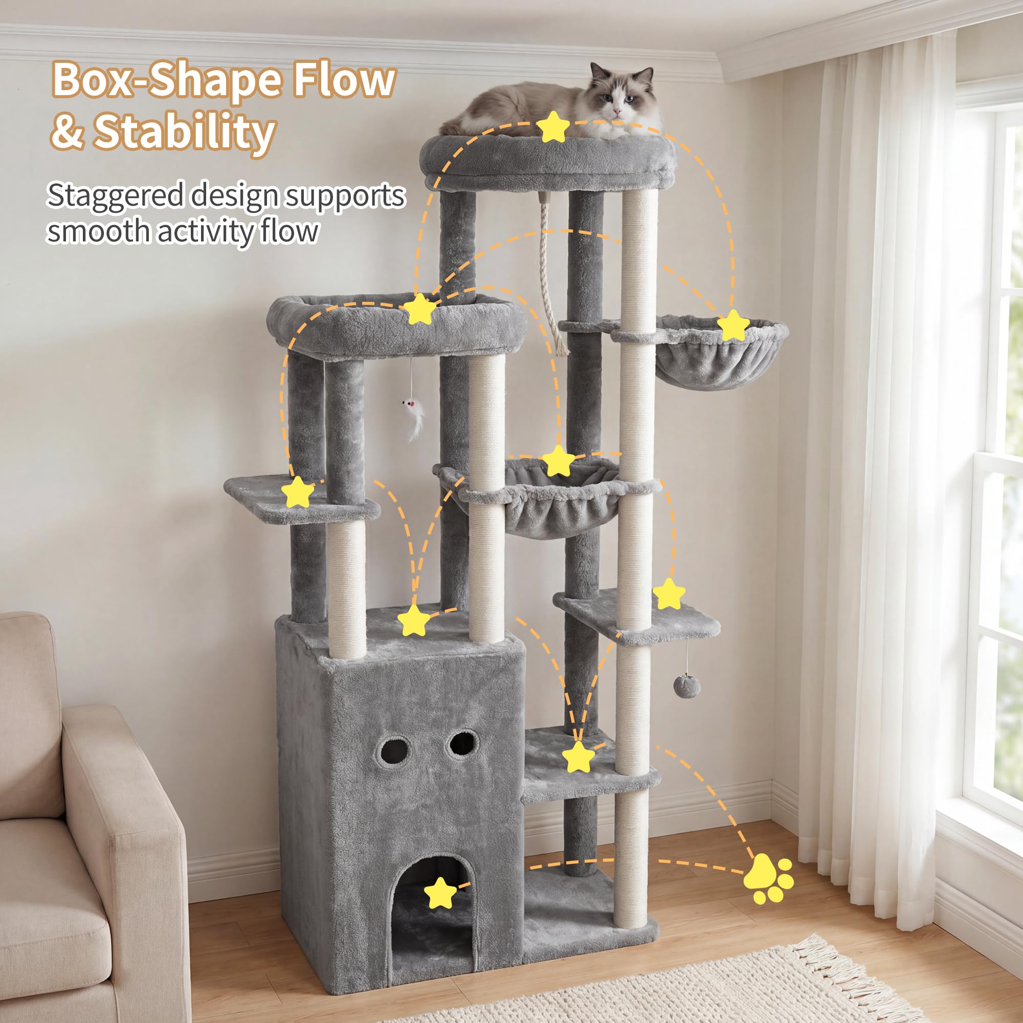 Heybly Árbol para Gatos 177 cm con 2 Plataformas Cesta Hamaca Cueva | 2 plataformas superiores,cueva doble,pelota y ratón de juguete,felpa suave,postes de sisal,para interior, Gris Claro HCT065W