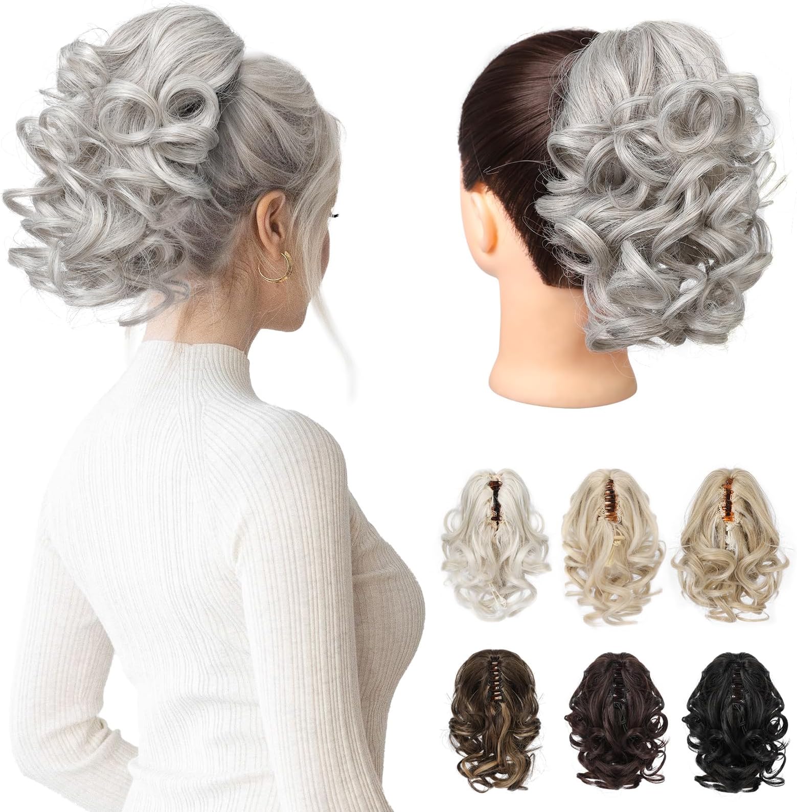 REECHO 9" Short Ponytail Extension, Classic Loose Curly Wavy Claw Clip Pony tails Hair Extensions HP001 Hairpieces for Women (Silver Grey)