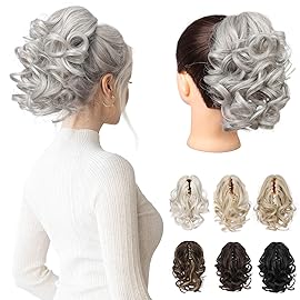 REECHO 9 Short Ponytail Extension, Classic Loose Curly Wavy Claw Clip Pony tails Hair Extensions HP001 Hairpieces for Women (Silver Grey)