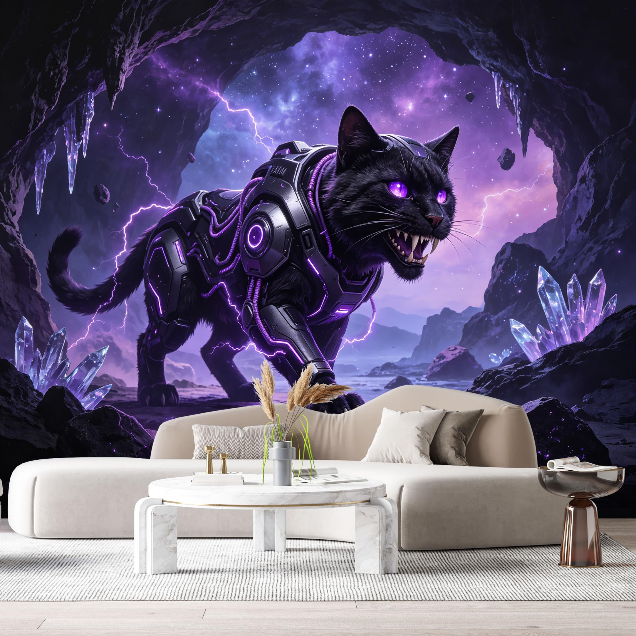 Custom Size Wall Mural Cyber Black cat Neon Mech Futuristic Armor SciFi Animal SelfAdhesive Art Prints Removable Large Wallpaper Boy Bedroom Esports Room Game Room Tenant Room Studio
