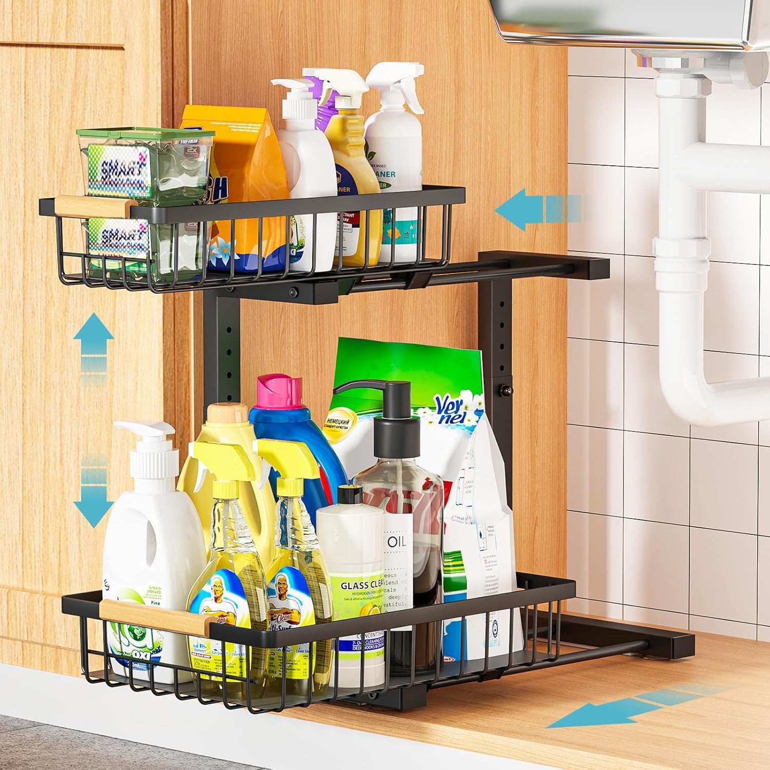 Liuoud Under Sink Organizer Storage 1 pack, 2 Tier Slide Out Height Adjustable Pull Out Cabinet Organizer Drawers, Kitchen Bathroom Large Capacity