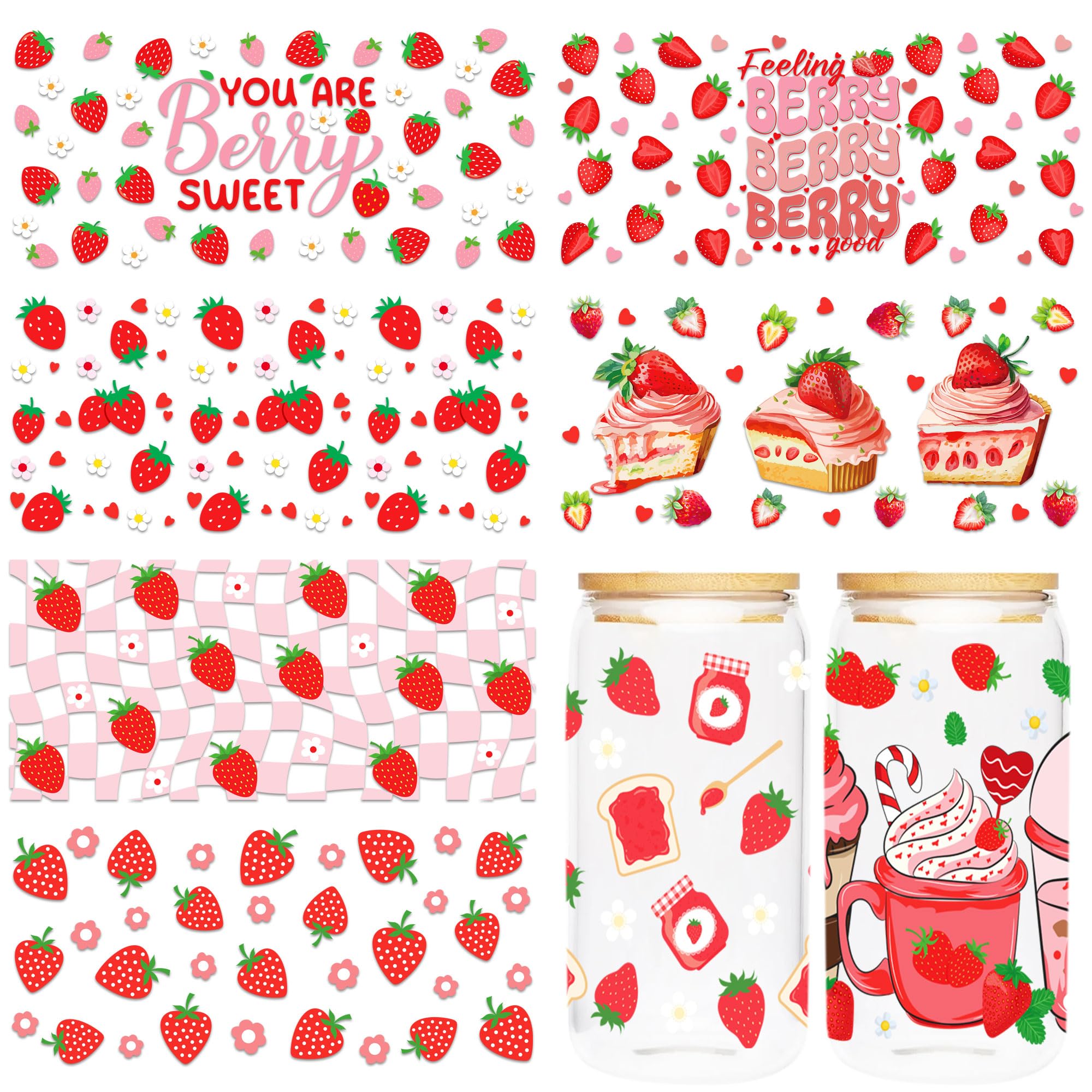 UV DTF Cup Wrap Transfer - 8 Sheet Strawberry UV DTF Cup Wraps for 16 OZ Glass Tumbler, Strawberry Cake Drink Style UVDTF Cup Wraps, Waterproof Rub on Transfer, DIY Craft for Fruit Lovers