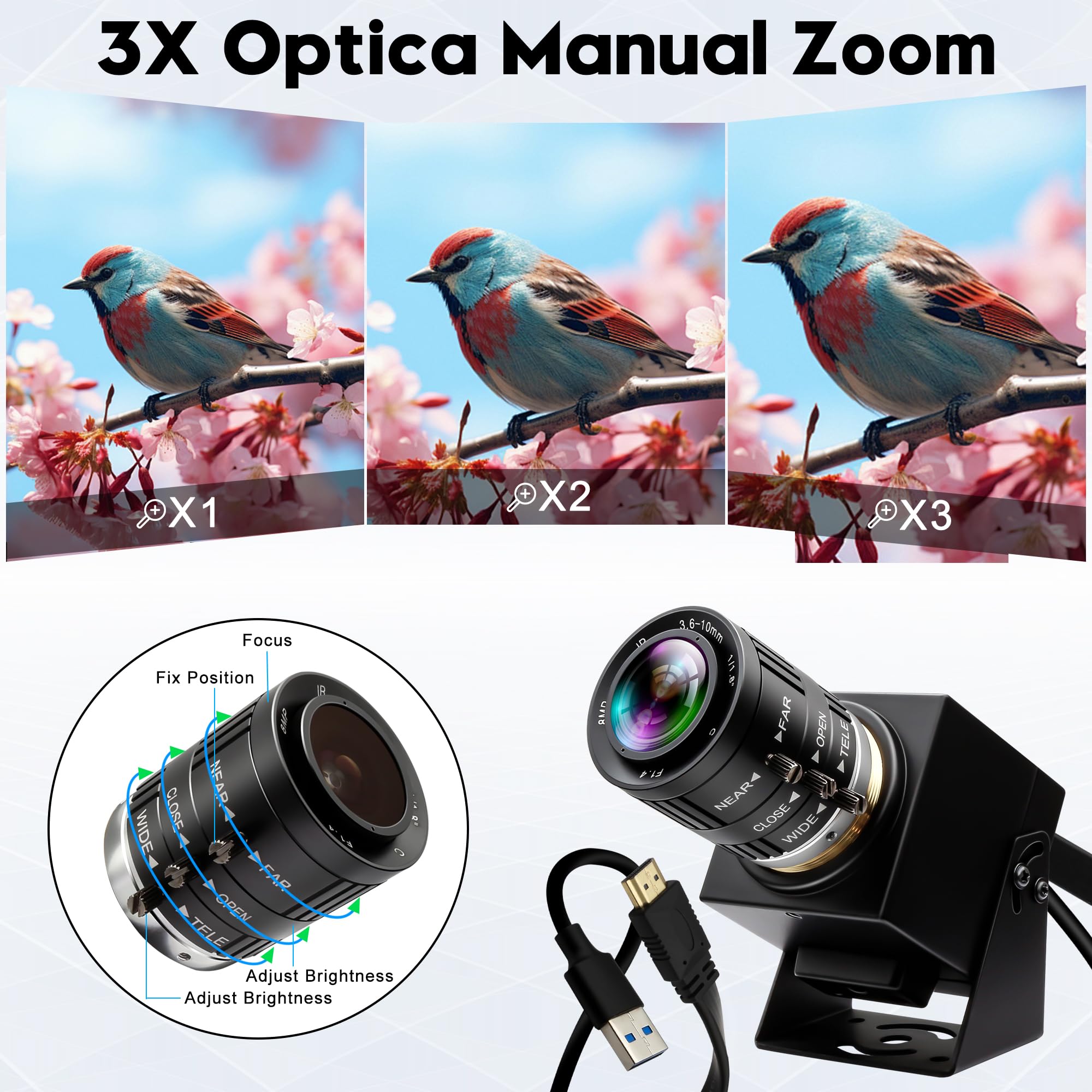 ELP Caméra USB 4K 60fps Haute Vitesse - Sortie Simultanée HDMI, Objectif Zoom Manuel 3,6-10 mm 3X pour PC, TV, Projecteur, Moniteur - Application Industrielle