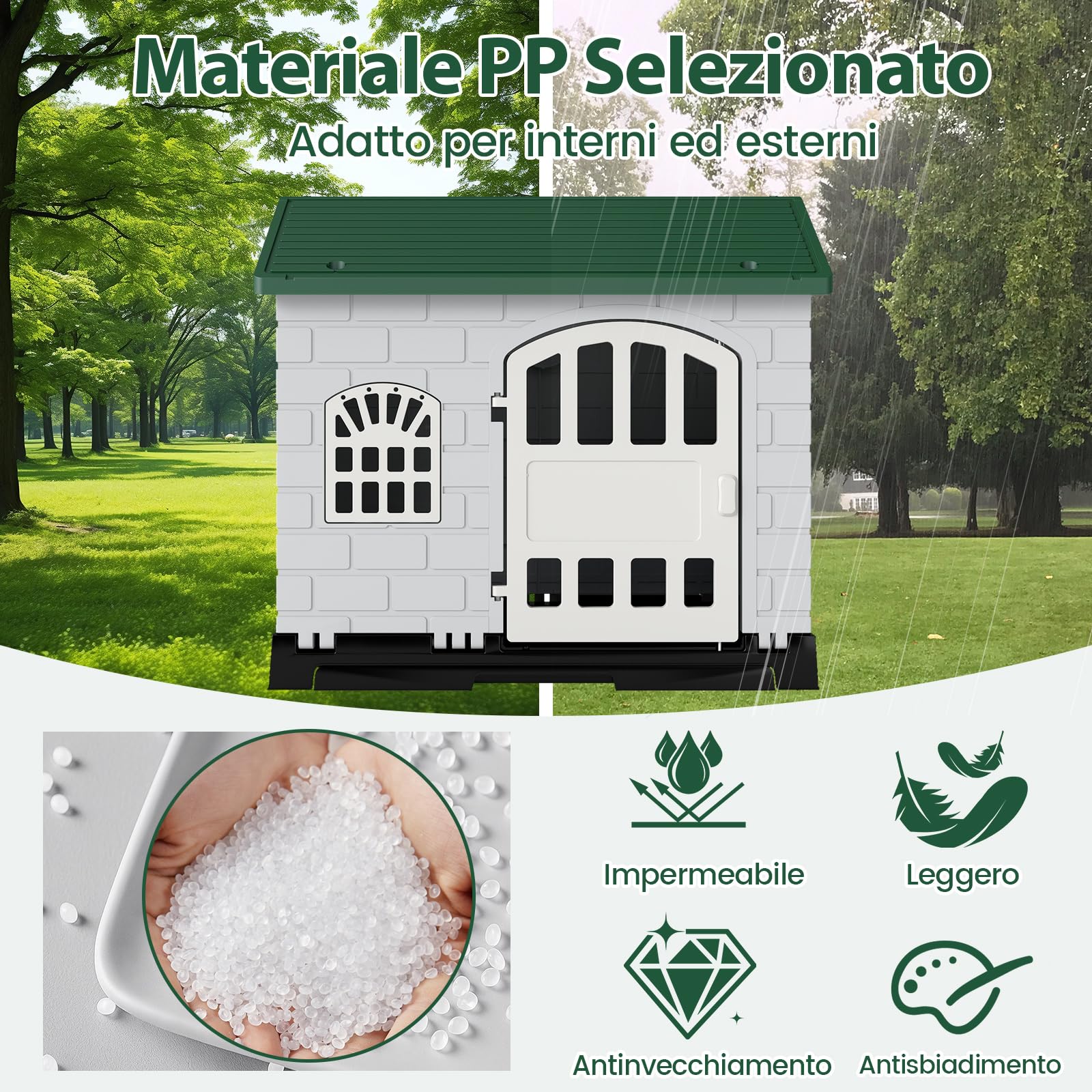 COSTWAY Cuccia per Cani da Esterno ed Interno, Casetta Impermeabile e Ventilata con Vassoio Toilette Rimovibile, Porta Bloccabile, 3 Finestre e Tetto a Pendenza, per Cani di Piccoli e Gatti (Verde)
