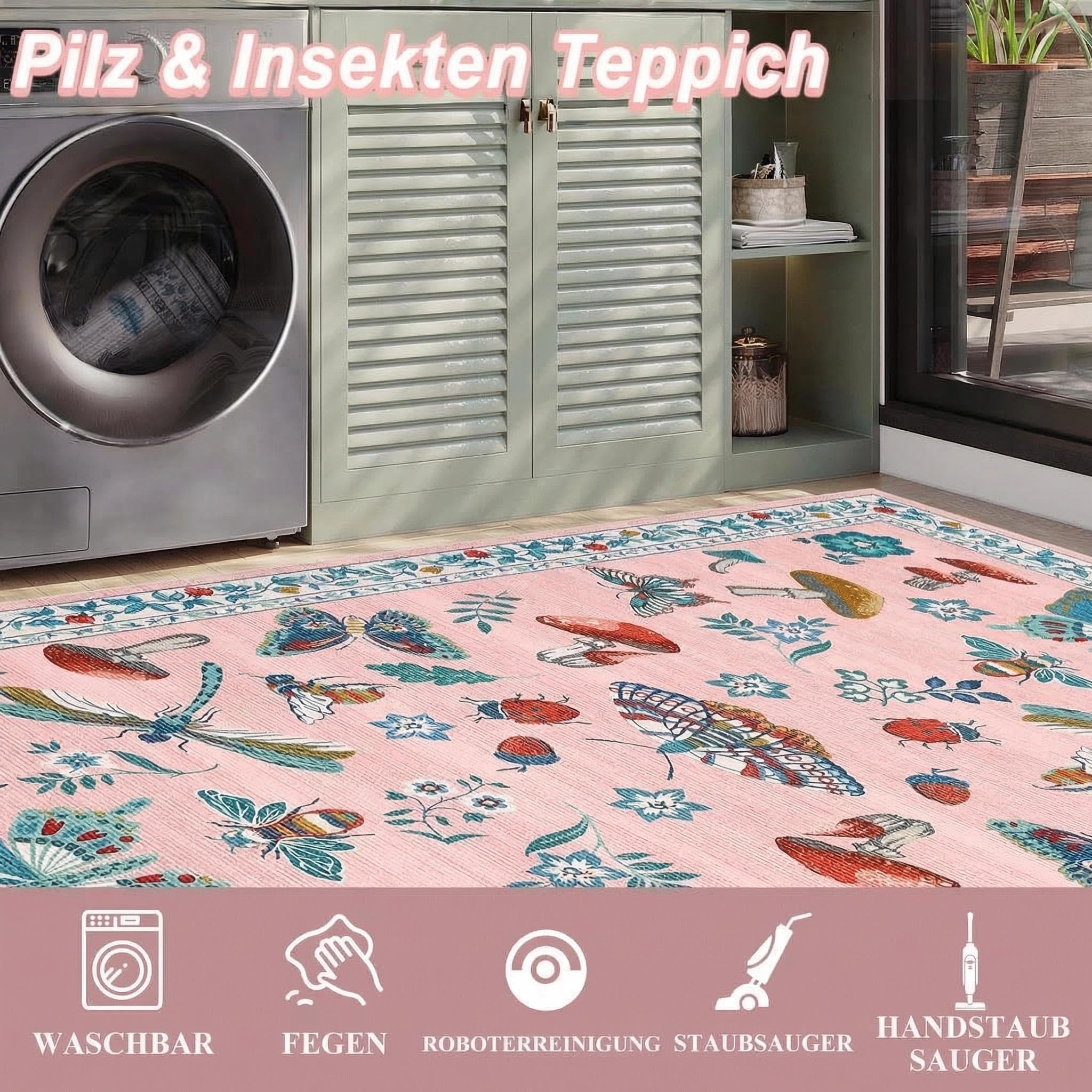 CAROMIO Wald Teppich Kinderzimmer 200x290 cm Kurzflor Waschbar Altrosa
