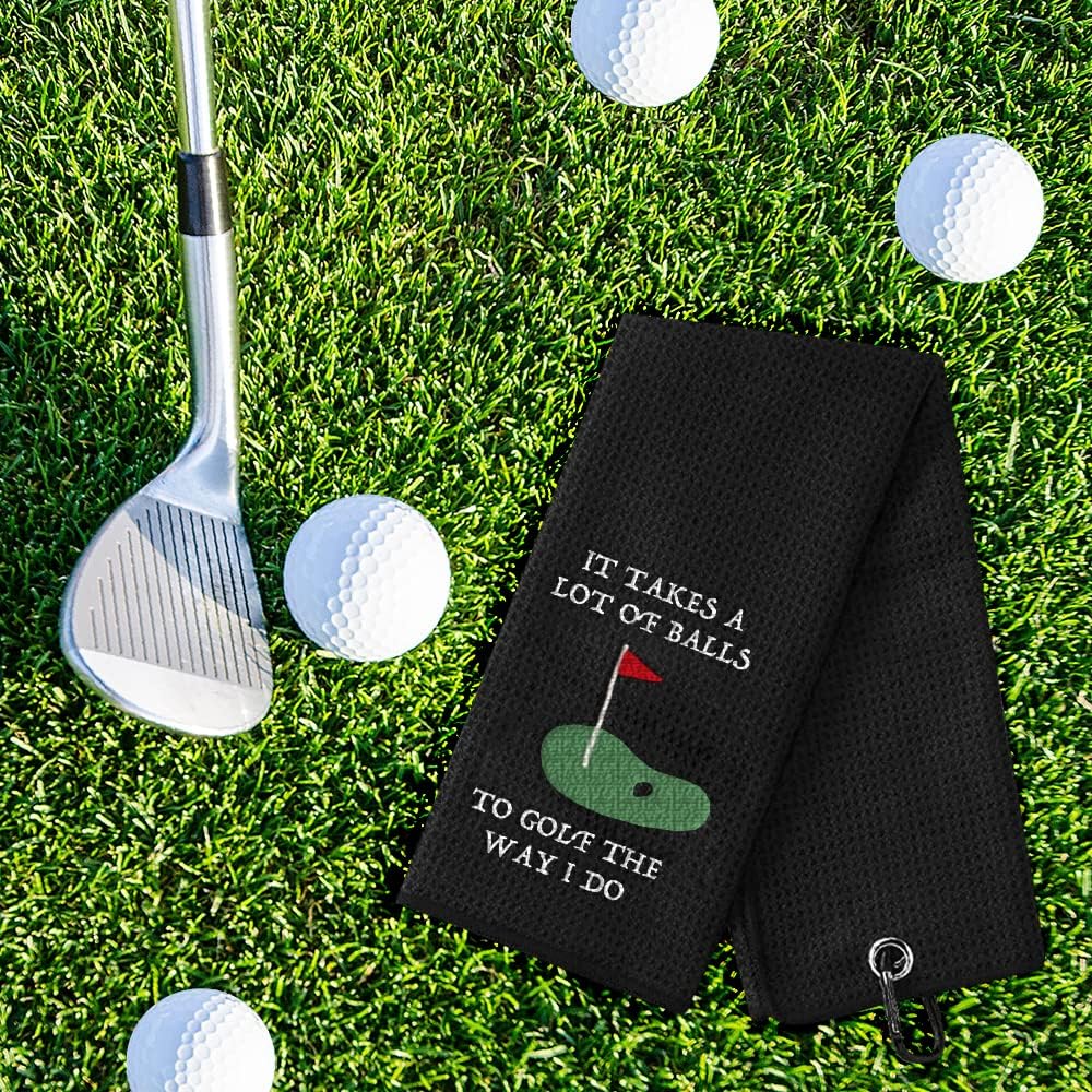review Fun Golf Towel - Golf Gift for Men or Women - Tri-Fold Embroidered Waffle Microfiber Golf Towel - with Heavy Duty Buckle Clip