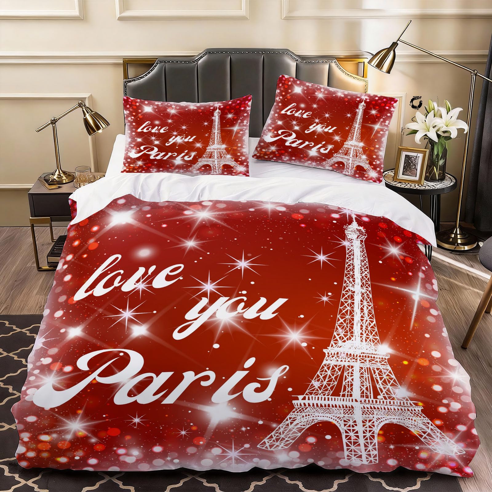 3D Eiffel Tower Duvet Cover Blossom Flowers Bedding Super King Bed Set, Soft Microfiber Comforter Cover Printed with Zipper Closure Quilt Coverr 260x220 cm and 2 Pillowcases