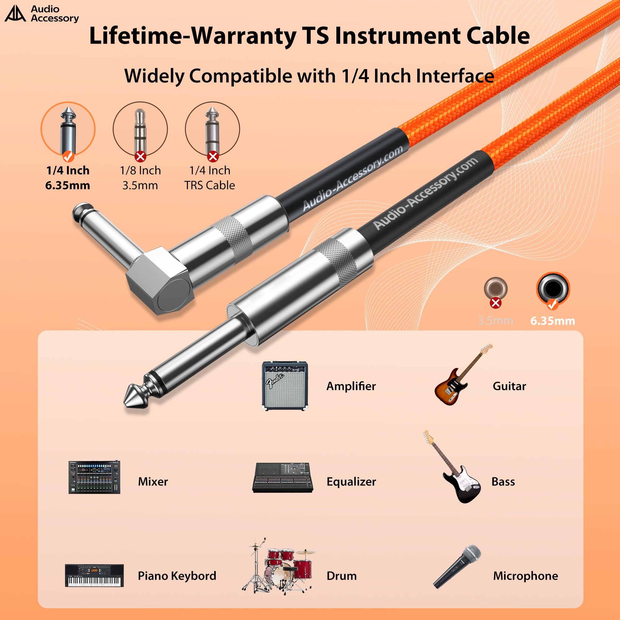 Cable de guitarra en ángulo recto de 25 pies, trenzado en nylon reforzado con Kevlar, conector Neutrik REAN, cable de instrumento de 1/4 de 20AWG 99.99% OFC, cable de amplificador blindado doble para