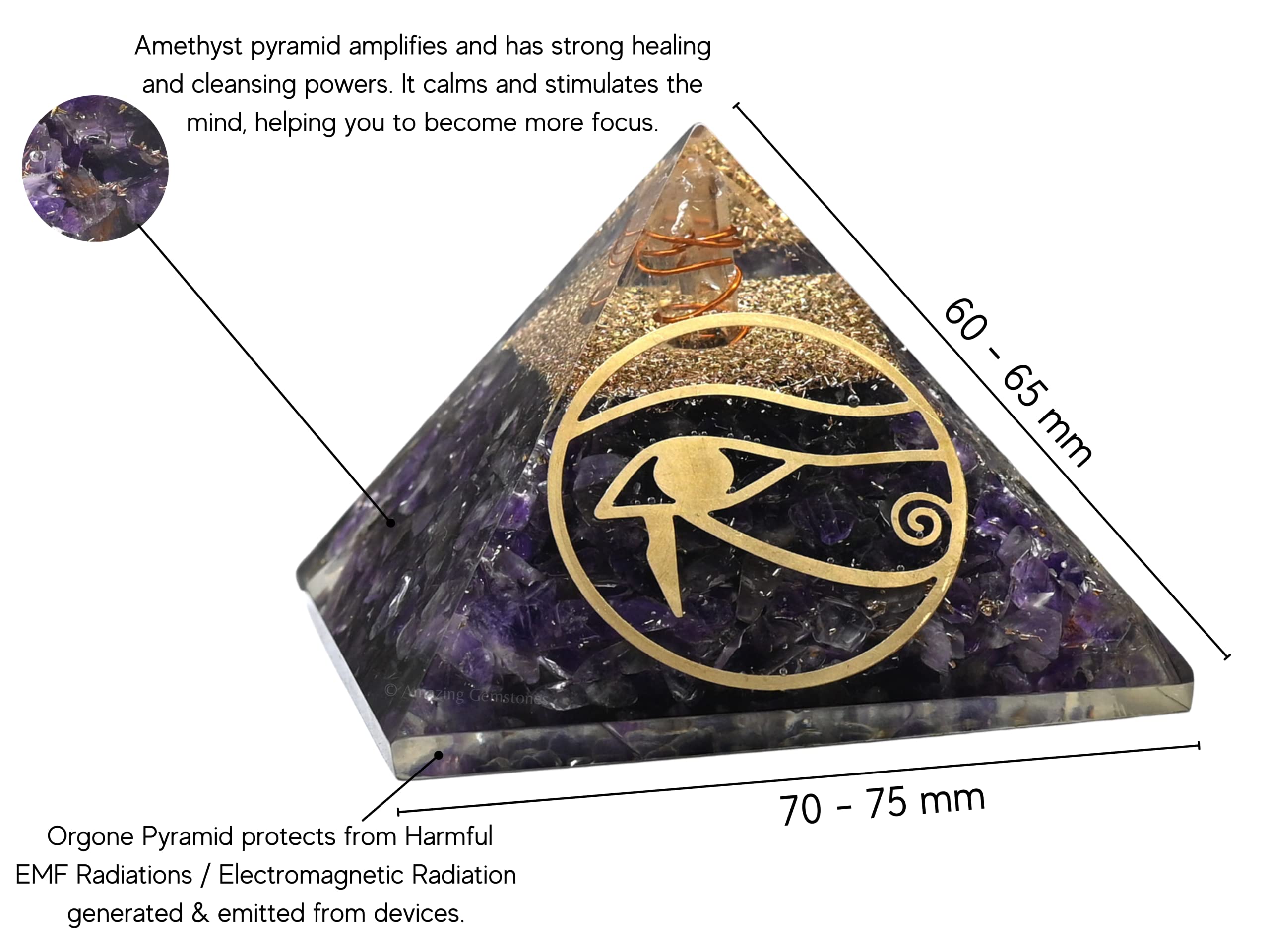 Améthyste Orgone Pyramid pour la protection contre les champs électromagnétiques et l'énergie négative - Pyramide de cristal d'améthyste naturelle (oeil d'Horus)