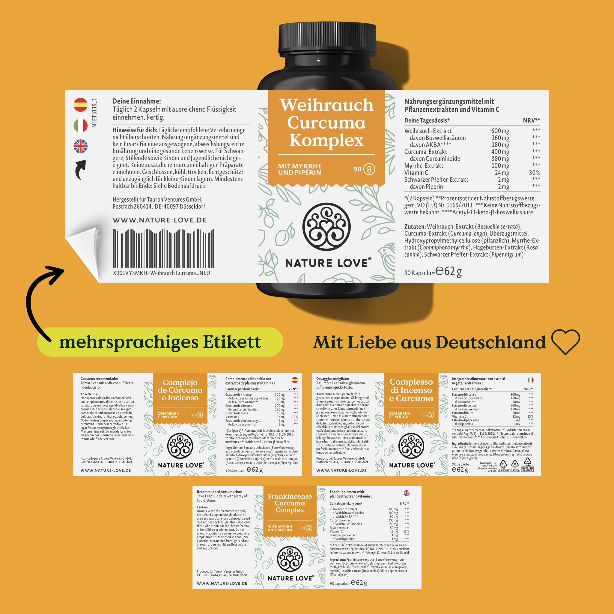 NATURE LOVE® Weihrauch Kurkuma Kapseln - 90 Stück - 600mg Weihrauch Extrakt davon 360mg Boswellia mit Myrrhe Vitamin C - hochdosiert & vegan - laborgeprüft und hoch bioverfügbar