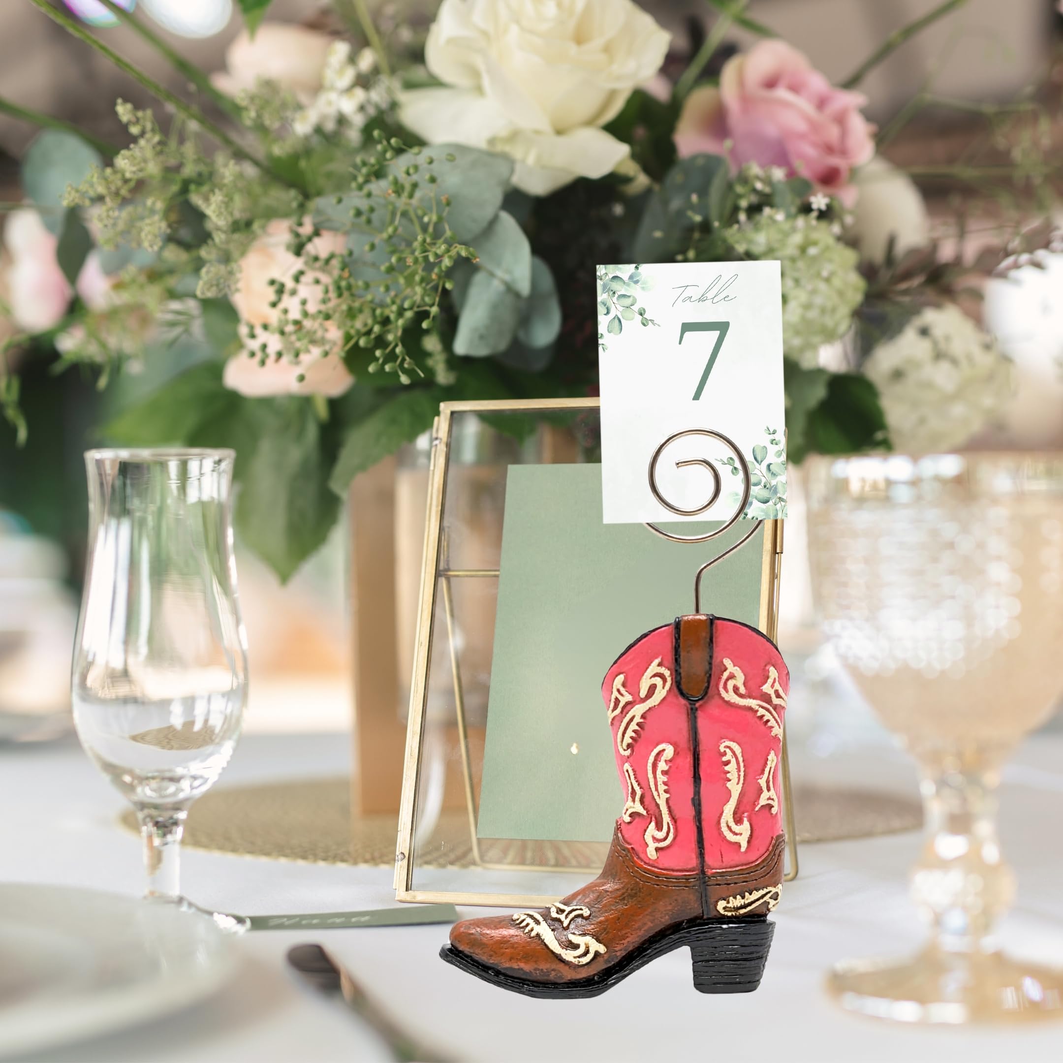 Juego de 4 mini tarjeteros, diseño de bota de vaquero, figuras decorativas de resina con alambre de remolino para tarjetas de visita, números de mesa, fotos o carteles, decoración de mesa occidental