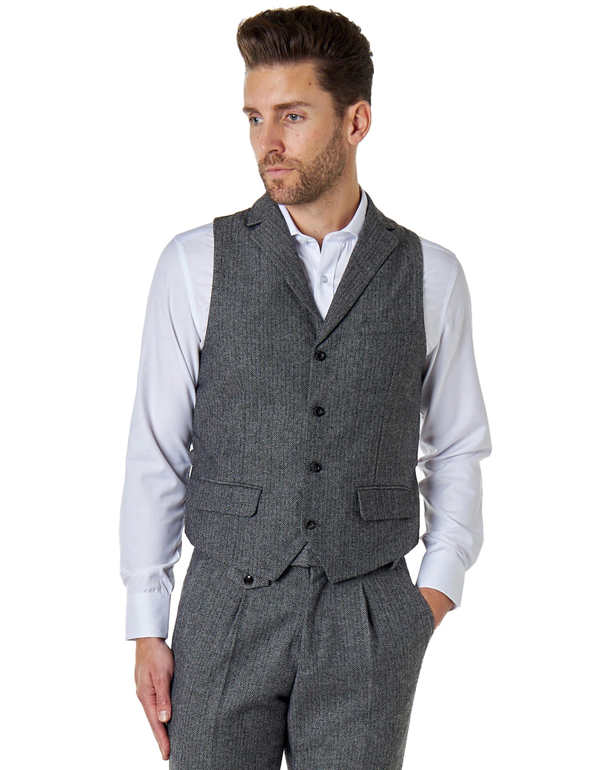 Xposed Men's Collar Grey Jax Herringbone Weave Waistcoat Classic Retro 1920S Collar Tailored Fit Vest [Cwc-Jax-Grey-52]