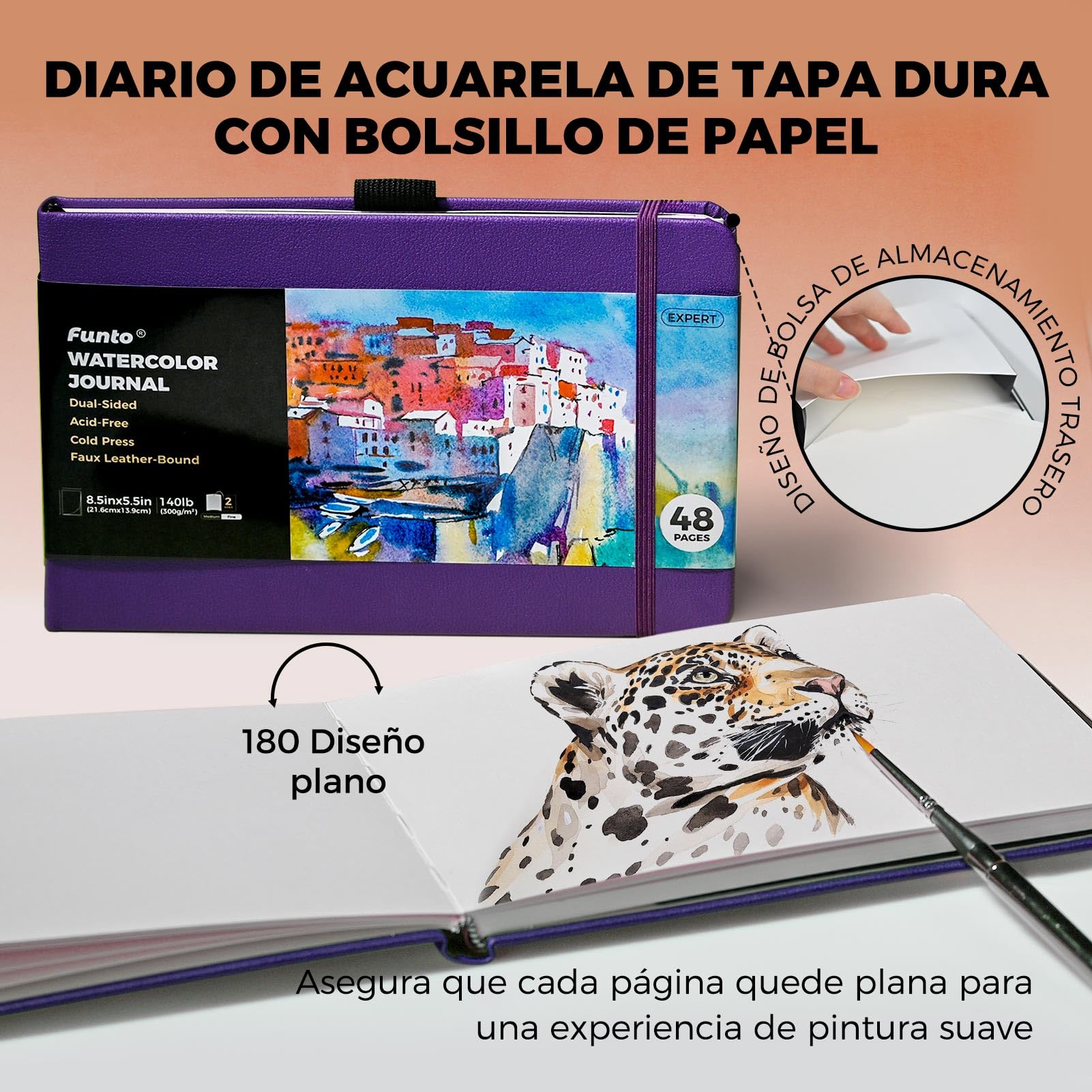 Funto Diario de acuarela, 8.5 x 5.5 pulgadas, paquete de 2, 48 páginas cada uno, cubierta de cuero morado, prensado en frío, bolsillo interior de papel, suministros de arte para medios mixtos — view 4