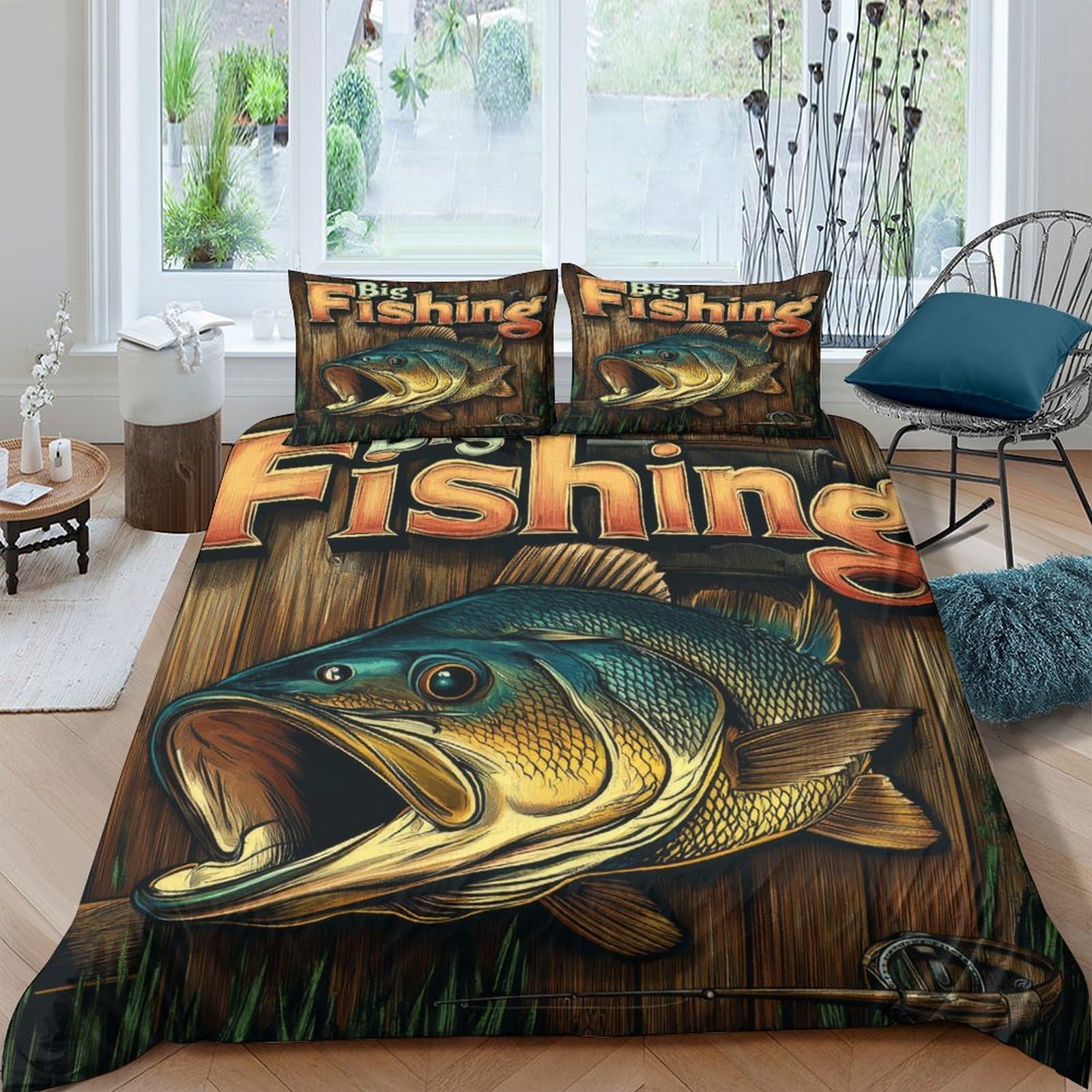 Ctjqhvkz Style-8 3D Printed Largemouth Bass Fitted Sheet Microfiber Anti-Slip Rustic Fishing Bed Cover For Bedroom Guest Room Decor Single（135X200cm）